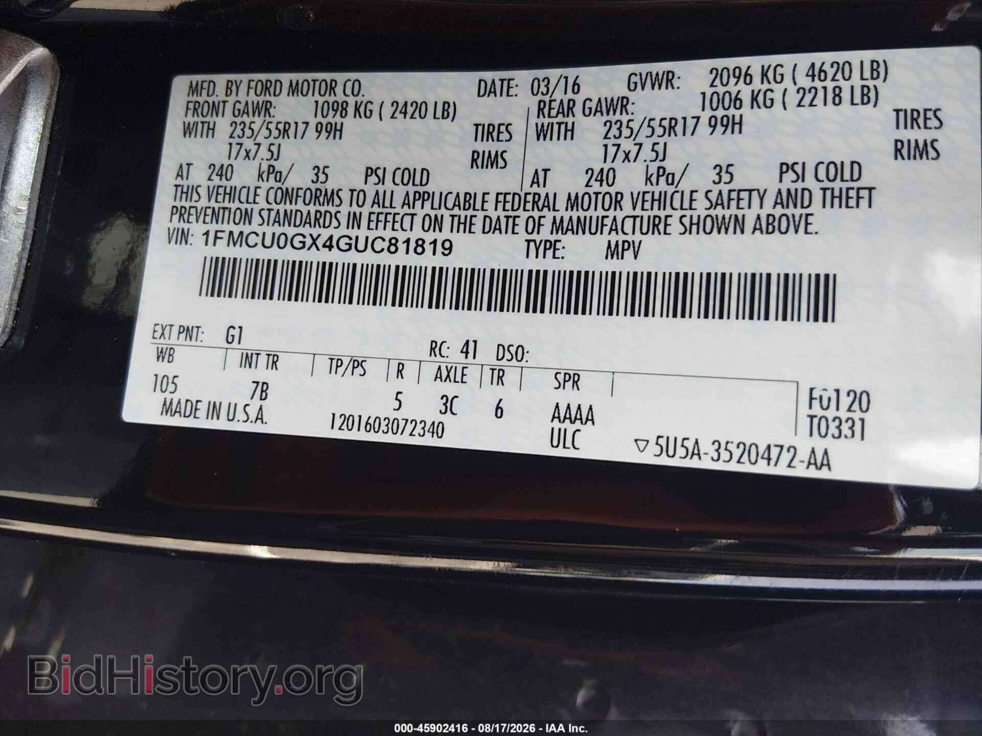 2016 FORD ESCAPE - VIN: 1FMCU0GX4GUC81819 - Фото 9
