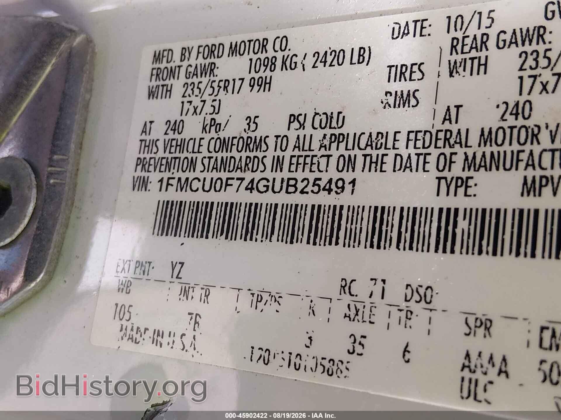 2016 FORD ESCAPE - VIN: 1FMCU0F74GUB25491 - Фото 9