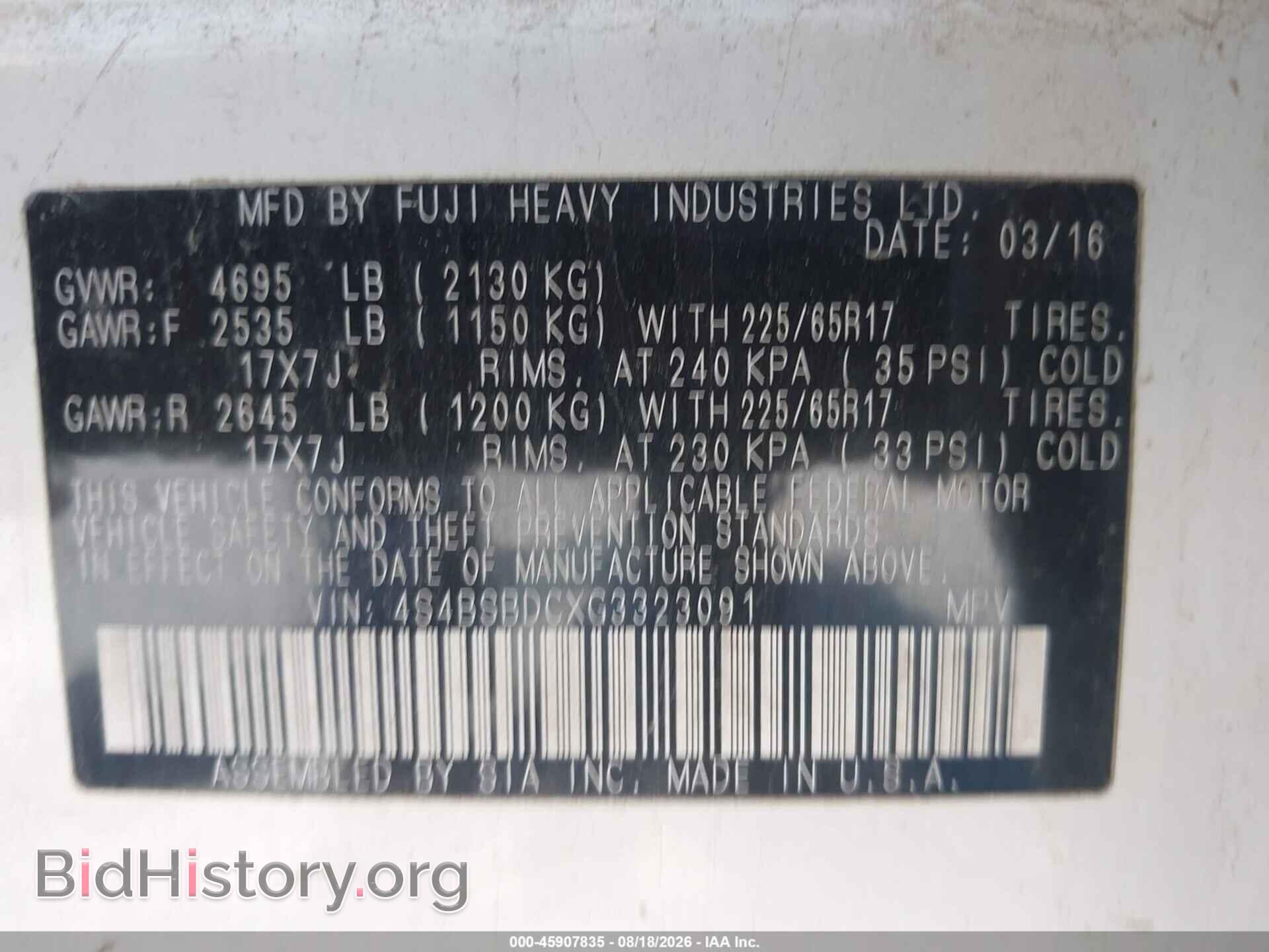 2016 SUBARU OUTBACK - VIN: 4S4BSBDCXG3323091 - Photo 9