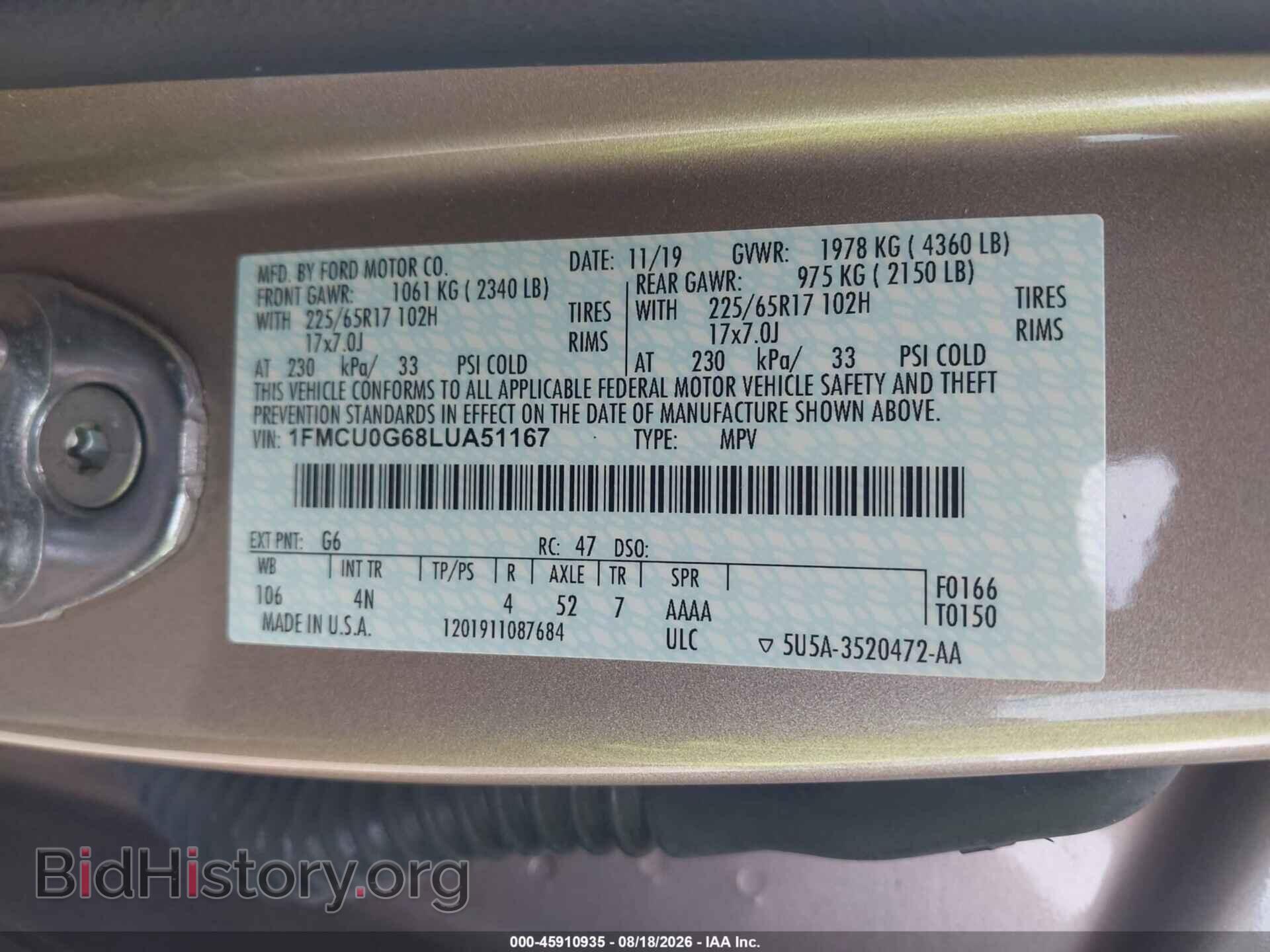 2020 FORD ESCAPE - VIN: 1FMCU0G68LUA51167 - Фото 9
