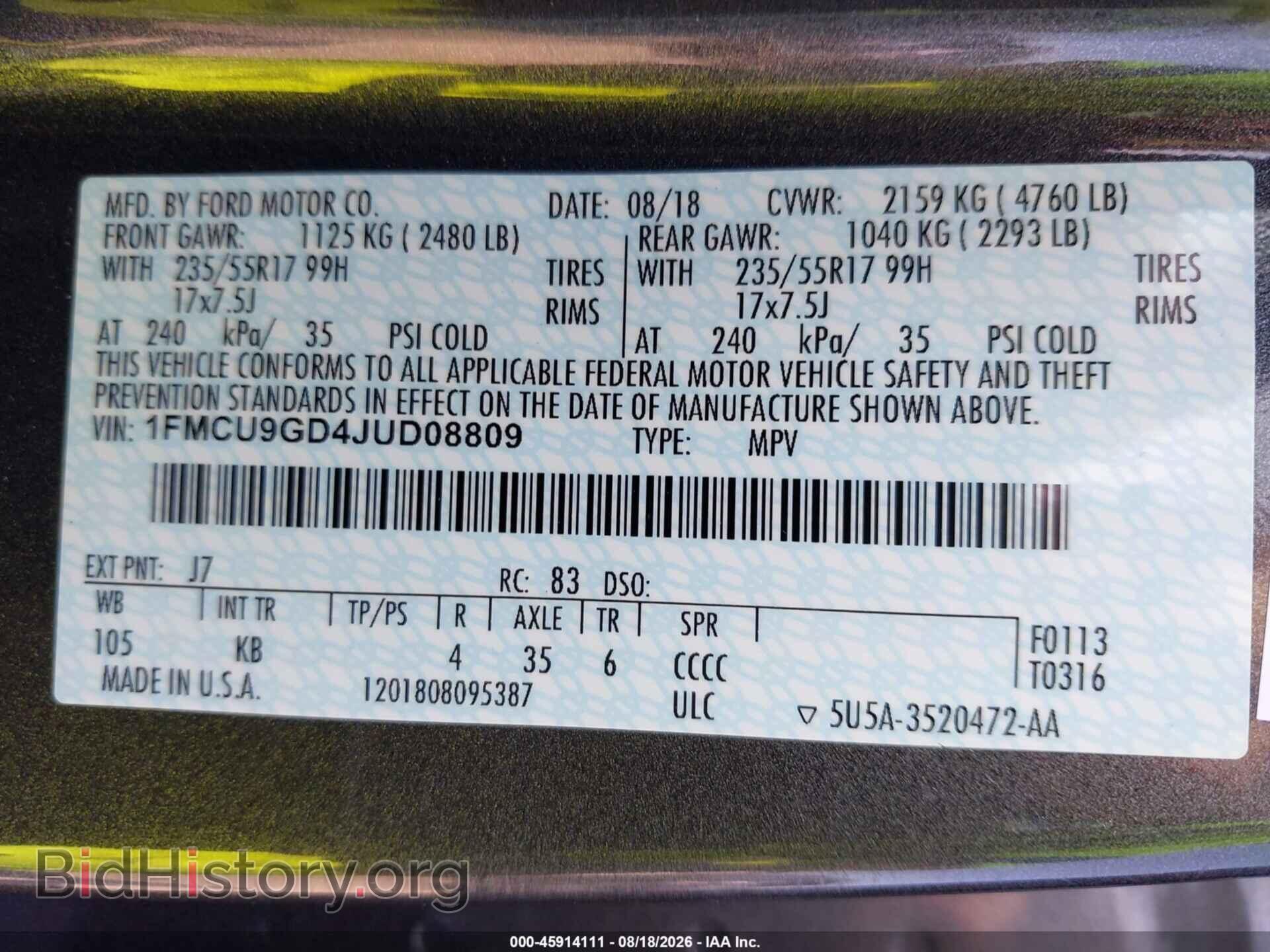 2018 FORD ESCAPE - VIN: 1FMCU9GD4JUD08809 - Фото 9