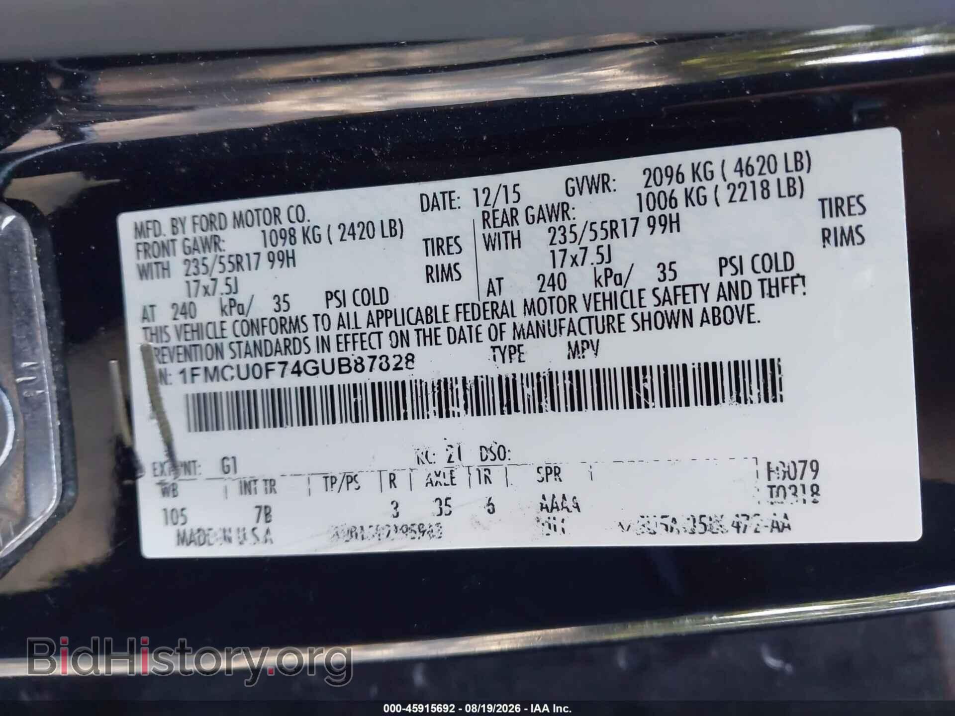 2016 FORD ESCAPE - VIN: 1FMCU0F74GUB87828 - Фото 9