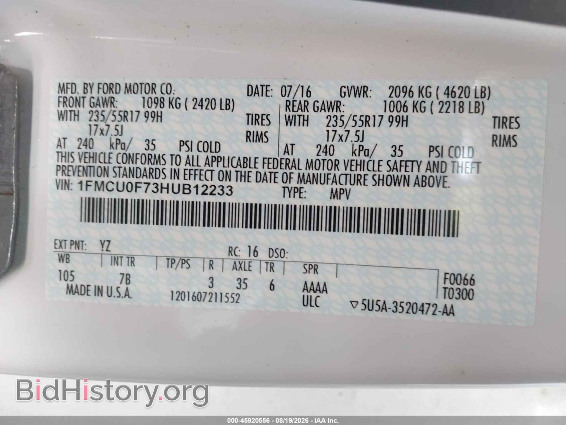 2017 FORD ESCAPE - VIN: 1FMCU0F73HUB12233 - Фото 9