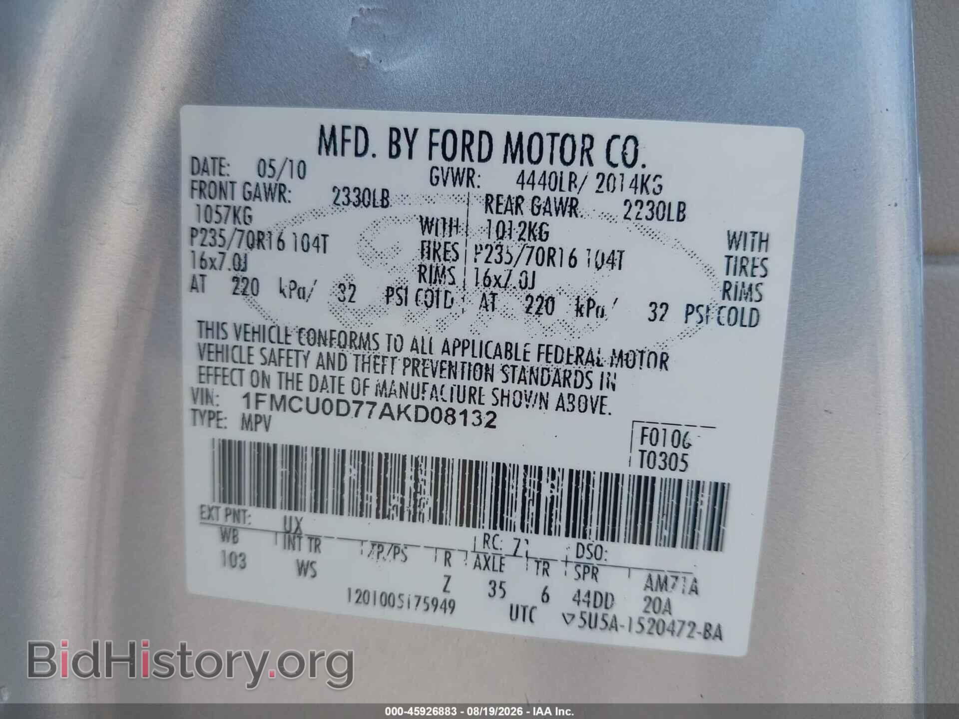 2010 FORD ESCAPE - VIN: 1FMCU0D77AKD08132 - Фото 9