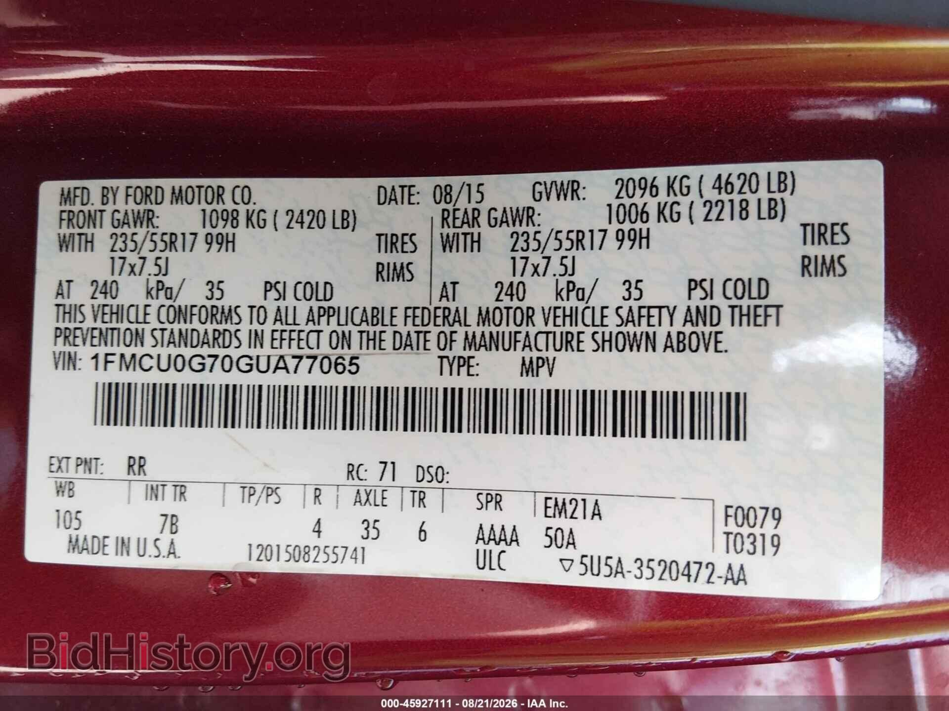 2016 FORD ESCAPE - VIN: 1FMCU0G70GUA77065 - Фото 9