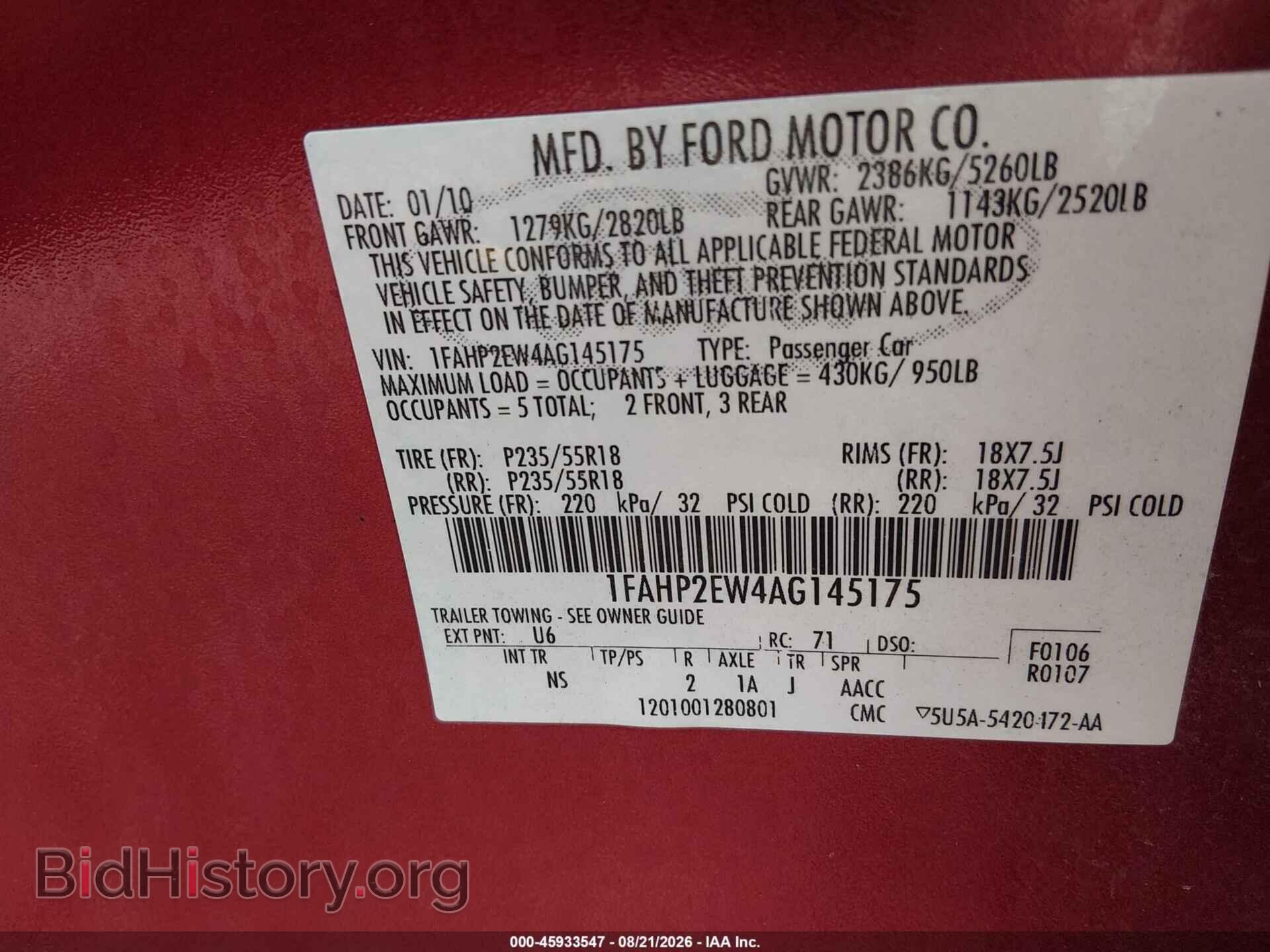 2010 FORD TAURUS - VIN: 1FAHP2EW4AG145175 - Photo 9