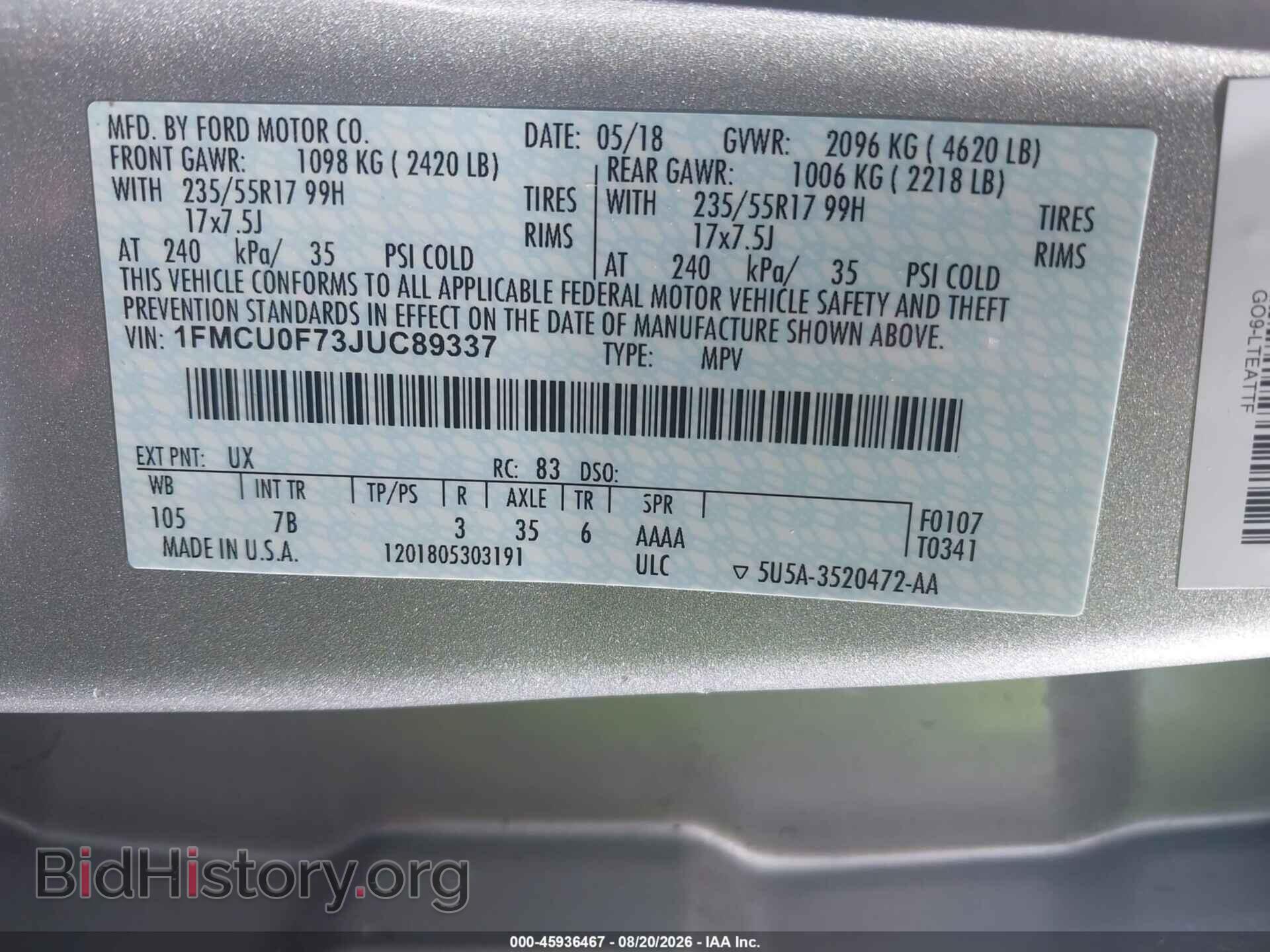 2018 FORD ESCAPE - VIN: 1FMCU0F73JUC89337 - Фото 9