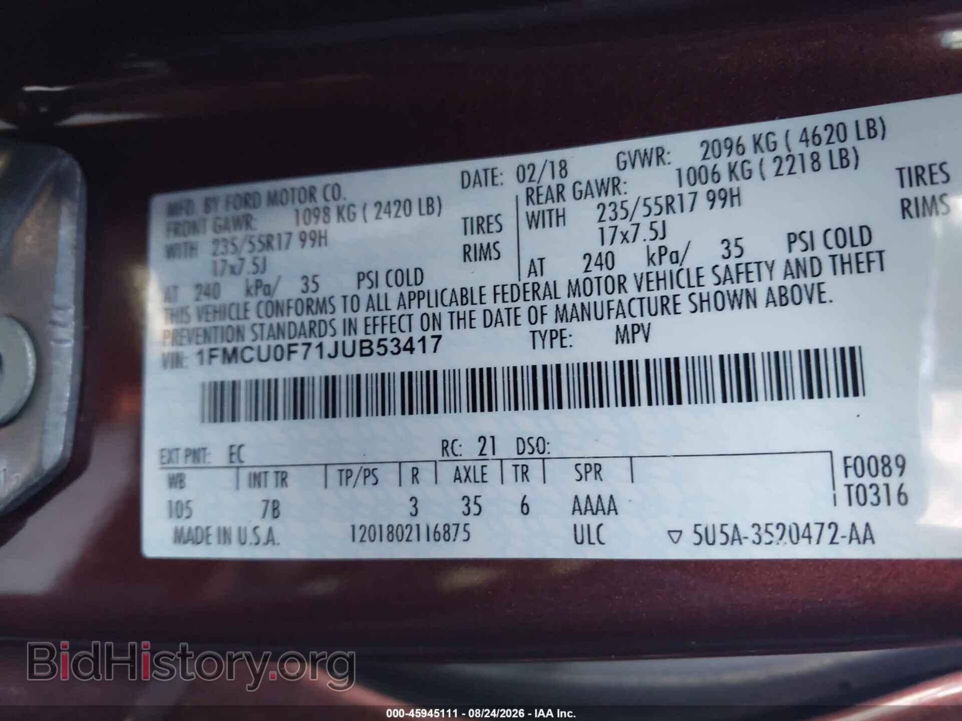 2018 FORD ESCAPE - VIN: 1FMCU0F71JUB53417 - Фото 9