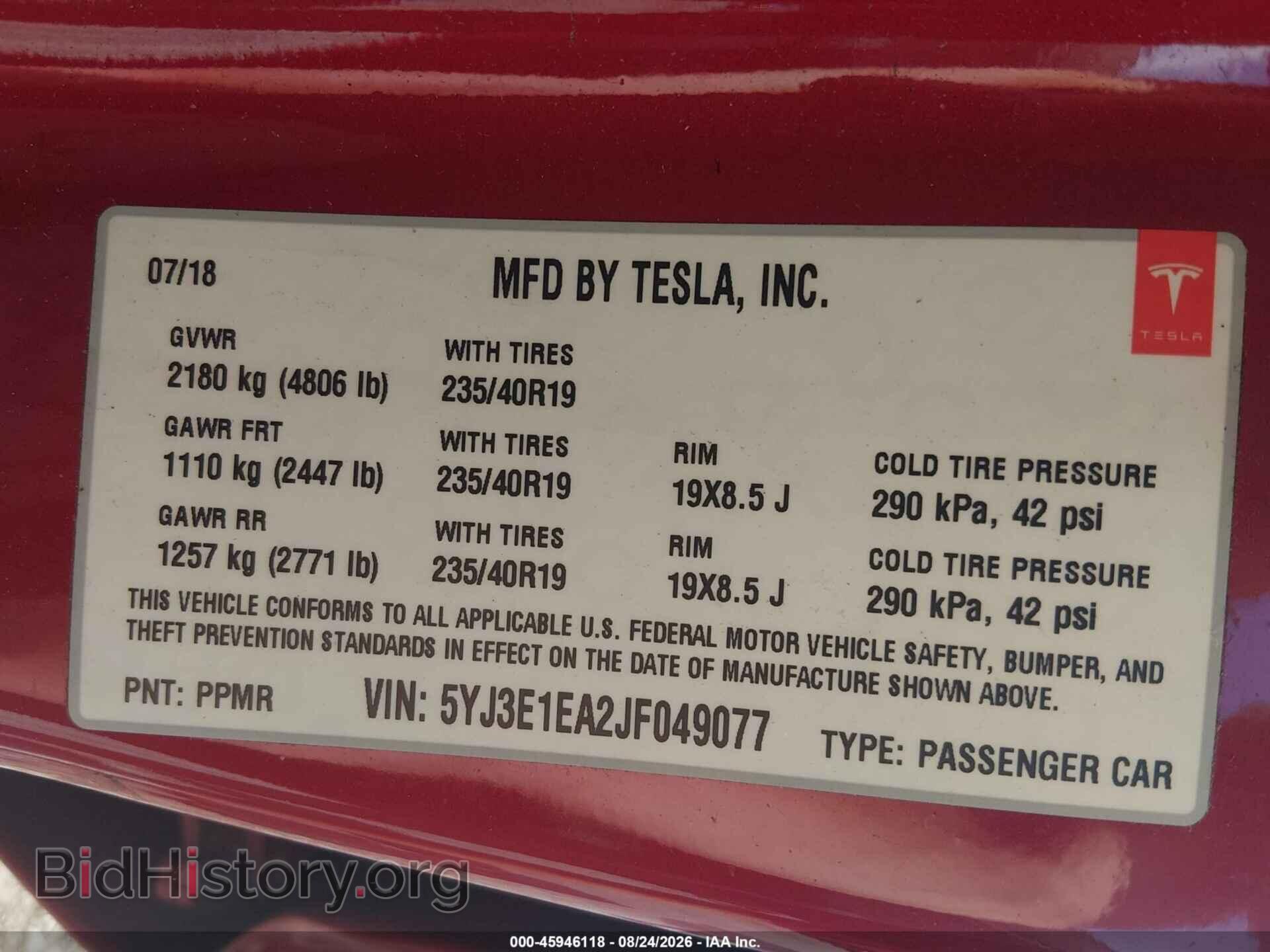 2018 TESLA MODEL 3 - VIN: 5YJ3E1EA2JF049077 - Фото 9