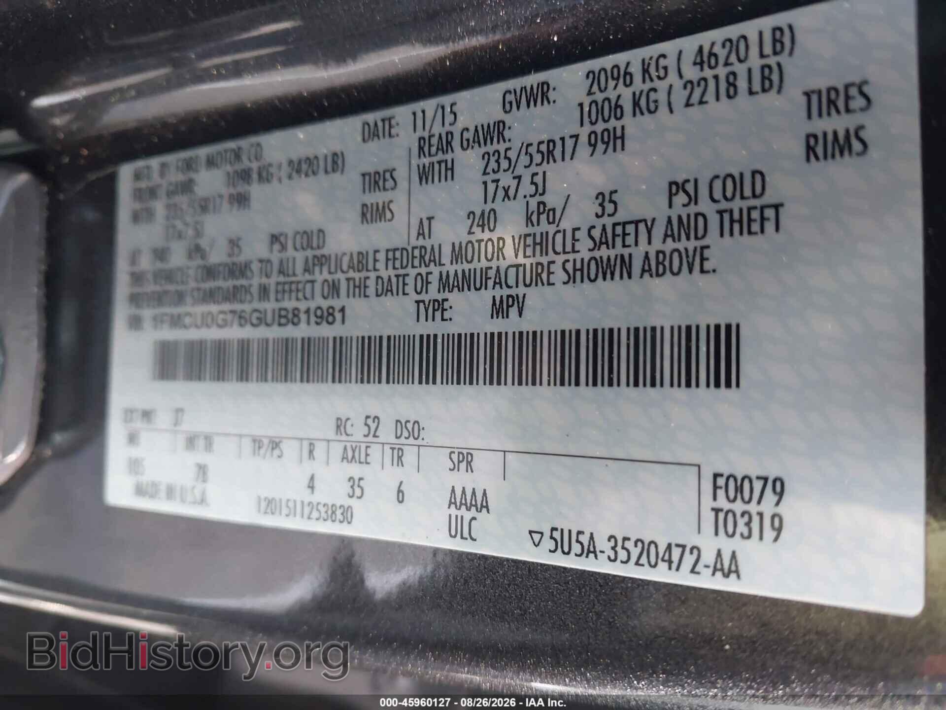 2016 FORD ESCAPE - VIN: 1FMCU0G76GUB81981 - Фото 9