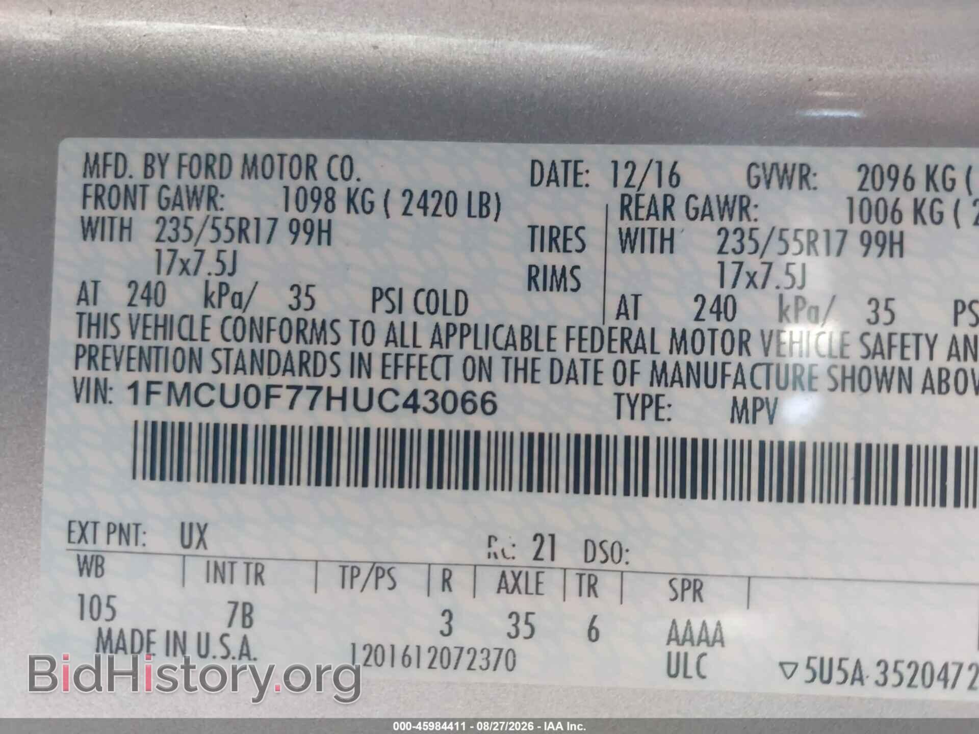 2017 FORD ESCAPE - VIN: 1FMCU0F77HUC43066 - Фото 9
