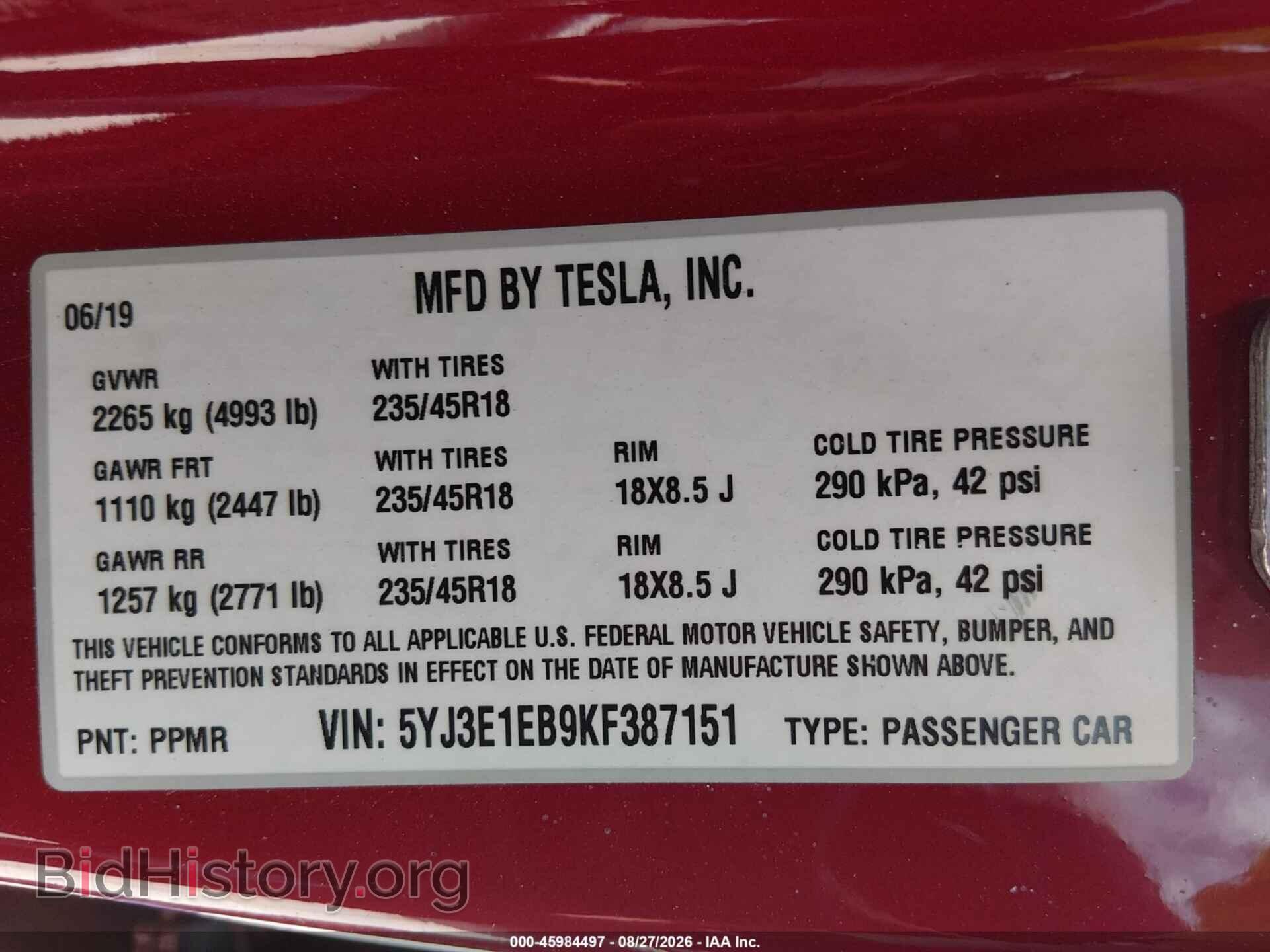 2019 TESLA MODEL 3 - VIN: 5YJ3E1EB9KF387151 - Photo 9
