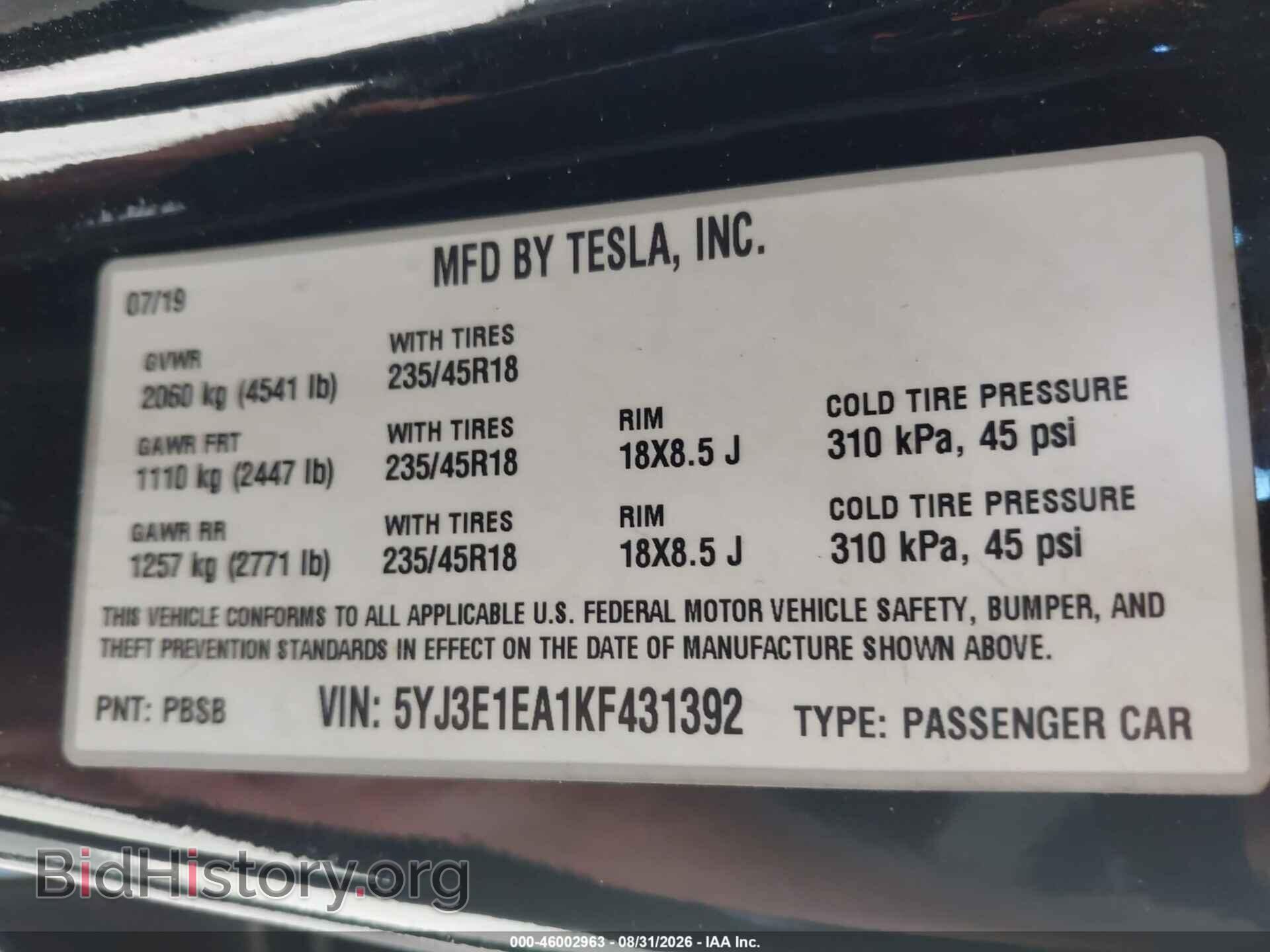 2019 TESLA MODEL 3 - VIN: 5YJ3E1EA1KF431392 - Photo 9