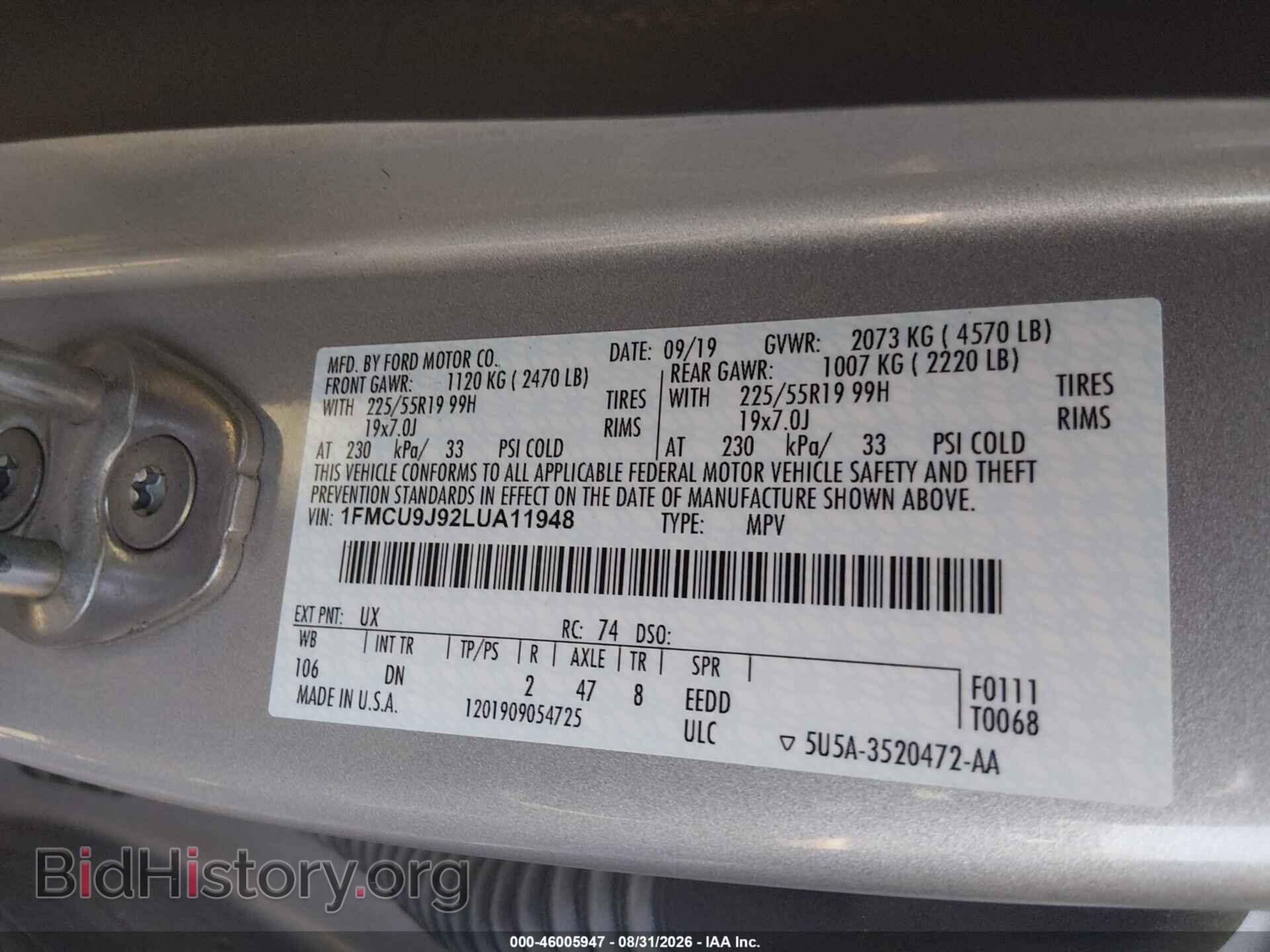 2020 FORD ESCAPE - VIN: 1FMCU9J92LUA11948 - Photo 9