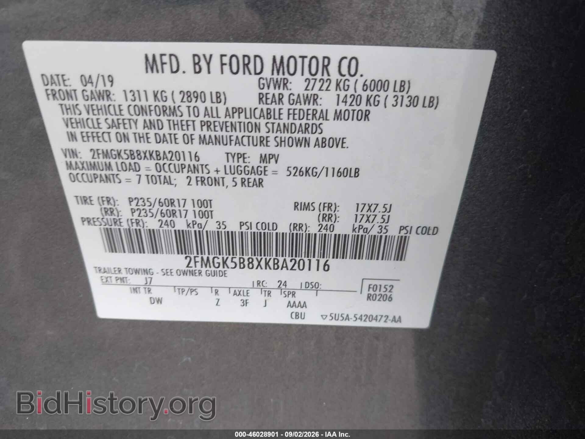 2019 FORD FLEX - VIN: 2FMGK5B8XKBA20116 - Photo 9