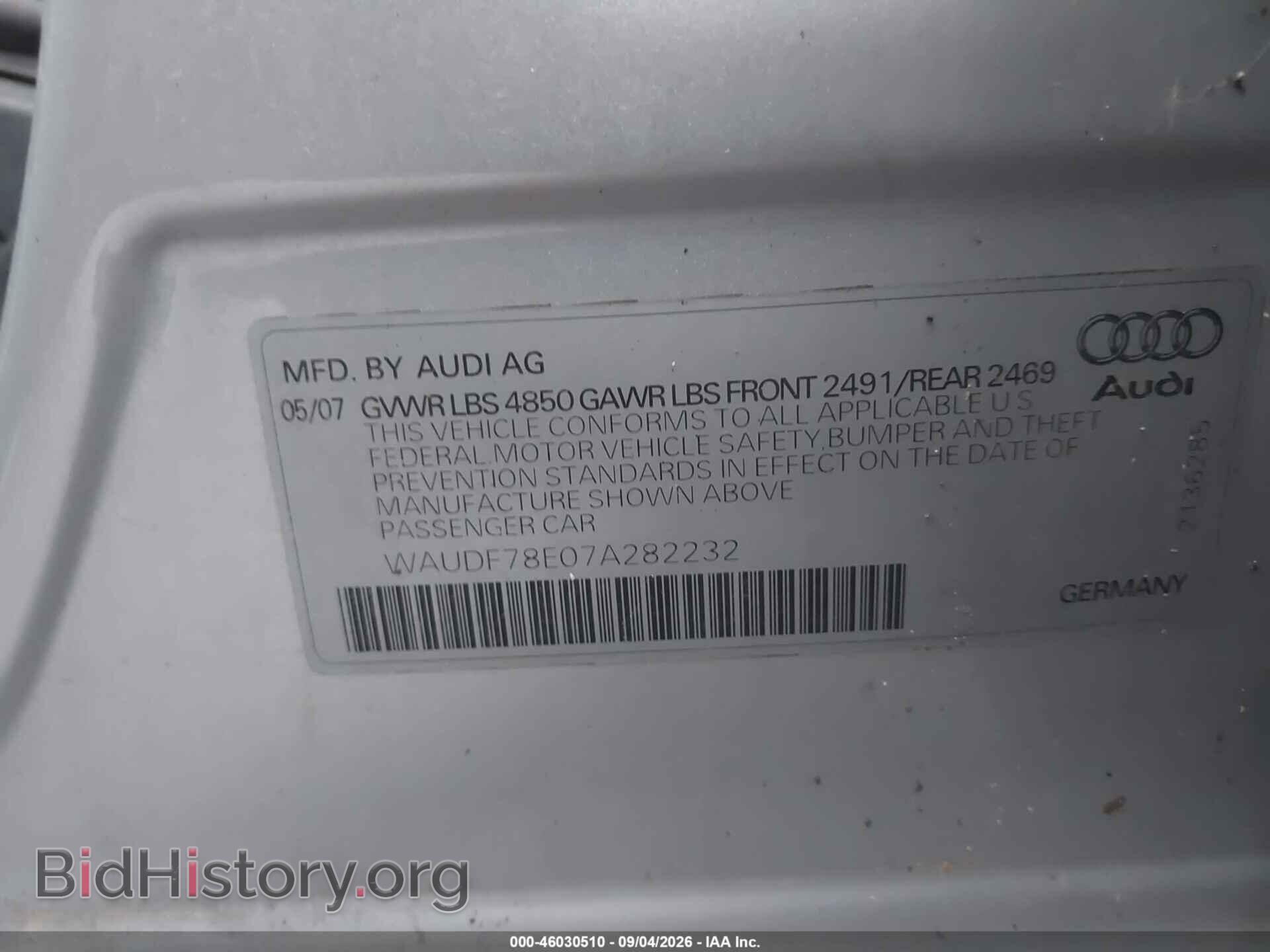 2007 AUDI A4 - VIN: WAUDF78E07A282232 - Фото 9