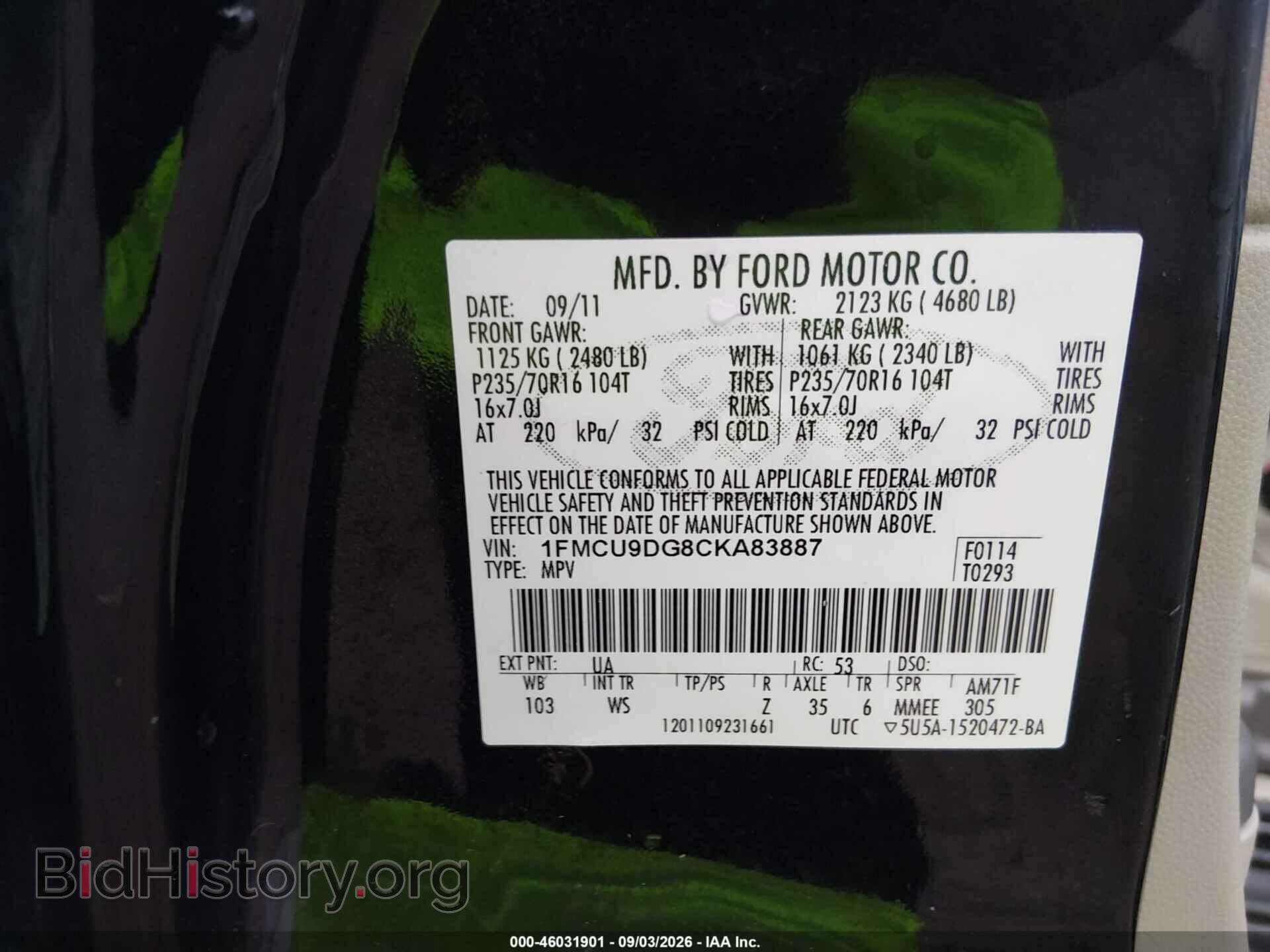 2012 FORD ESCAPE - VIN: 1FMCU9DG8CKA83887 - Photo 9