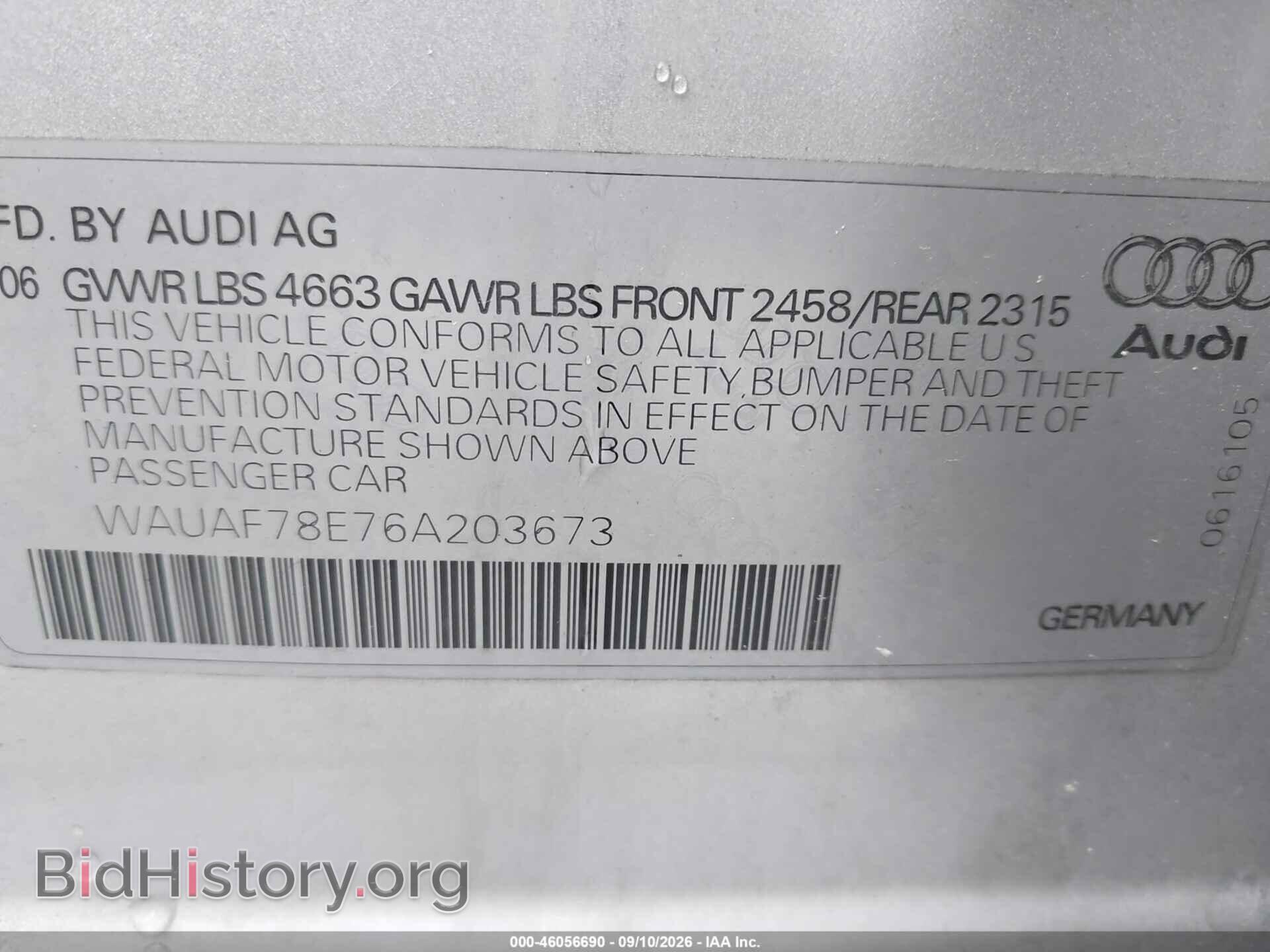 2006 AUDI A4 - VIN: WAUAF78E76A203673 - Фото 9