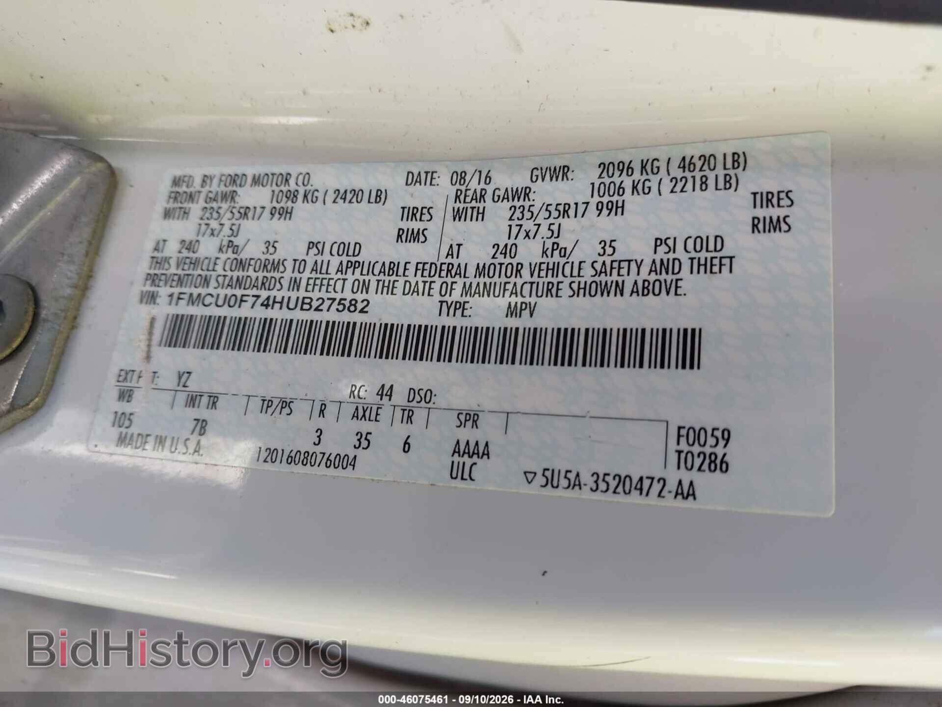 2017 FORD ESCAPE - VIN: 1FMCU0F74HUB27582 - Фото 9