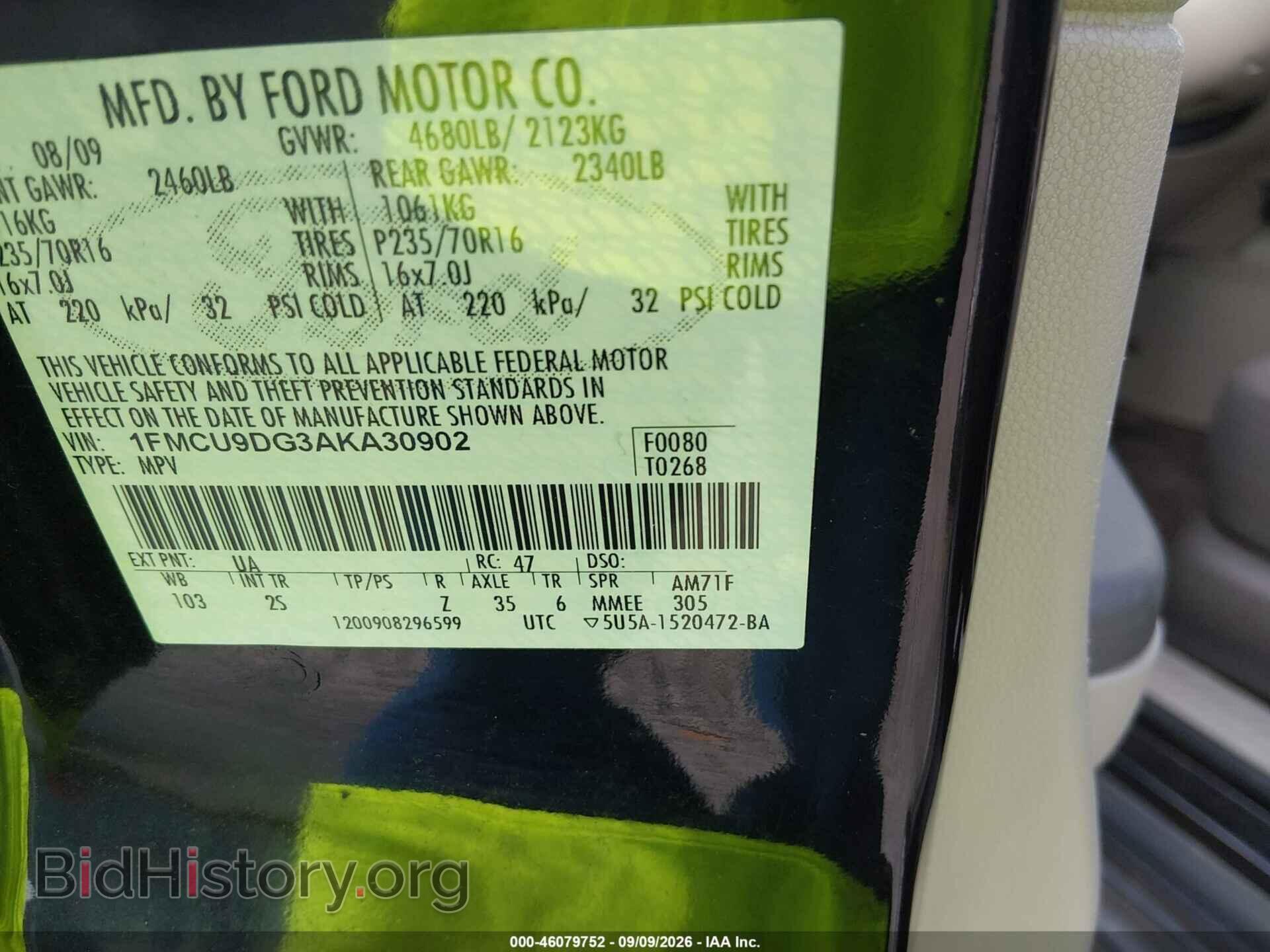 2010 FORD ESCAPE - VIN: 1FMCU9DG3AKA30902 - Фото 9