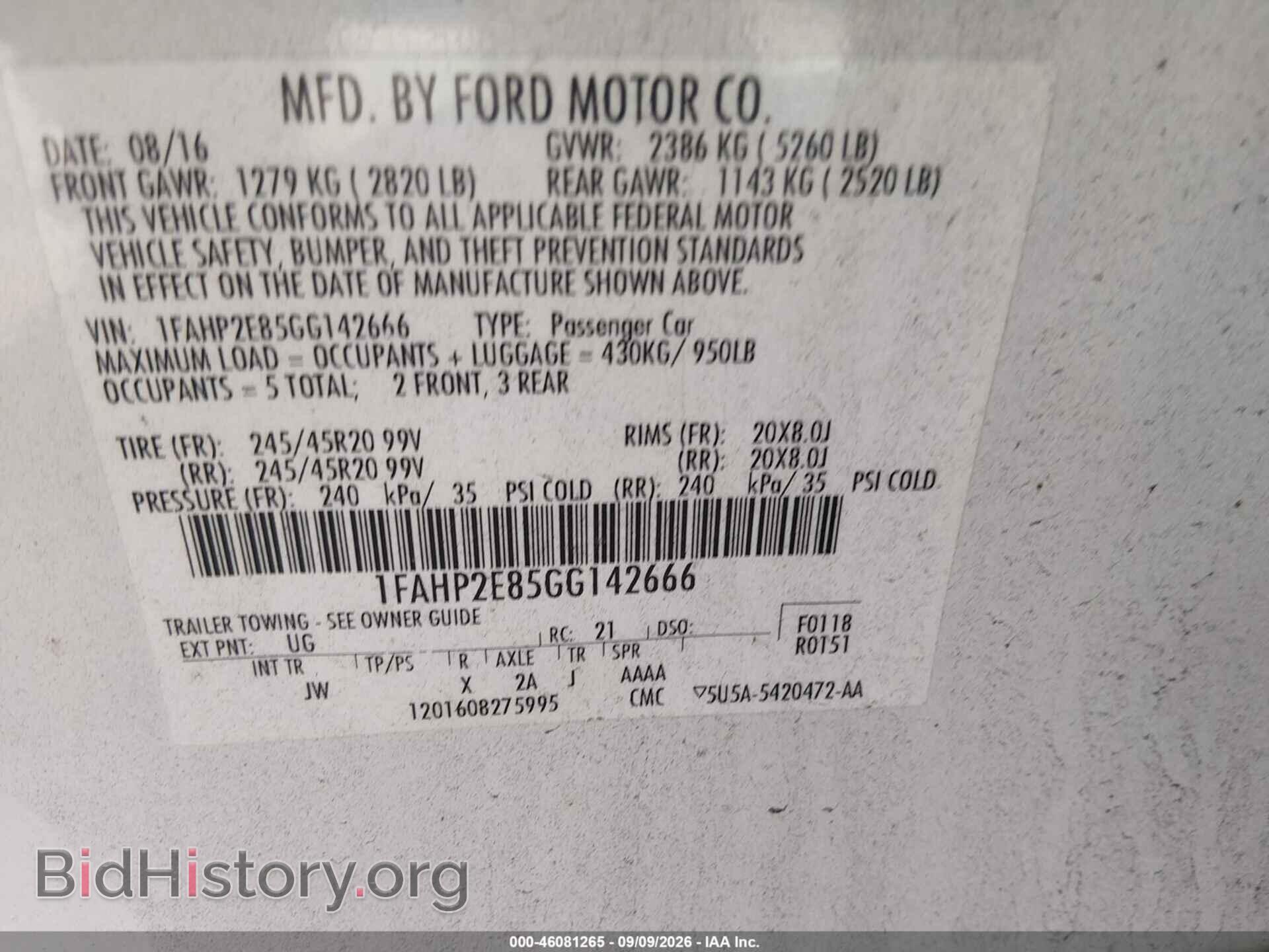 2016 FORD TAURUS - VIN: 1FAHP2E85GG142666 - Photo 9