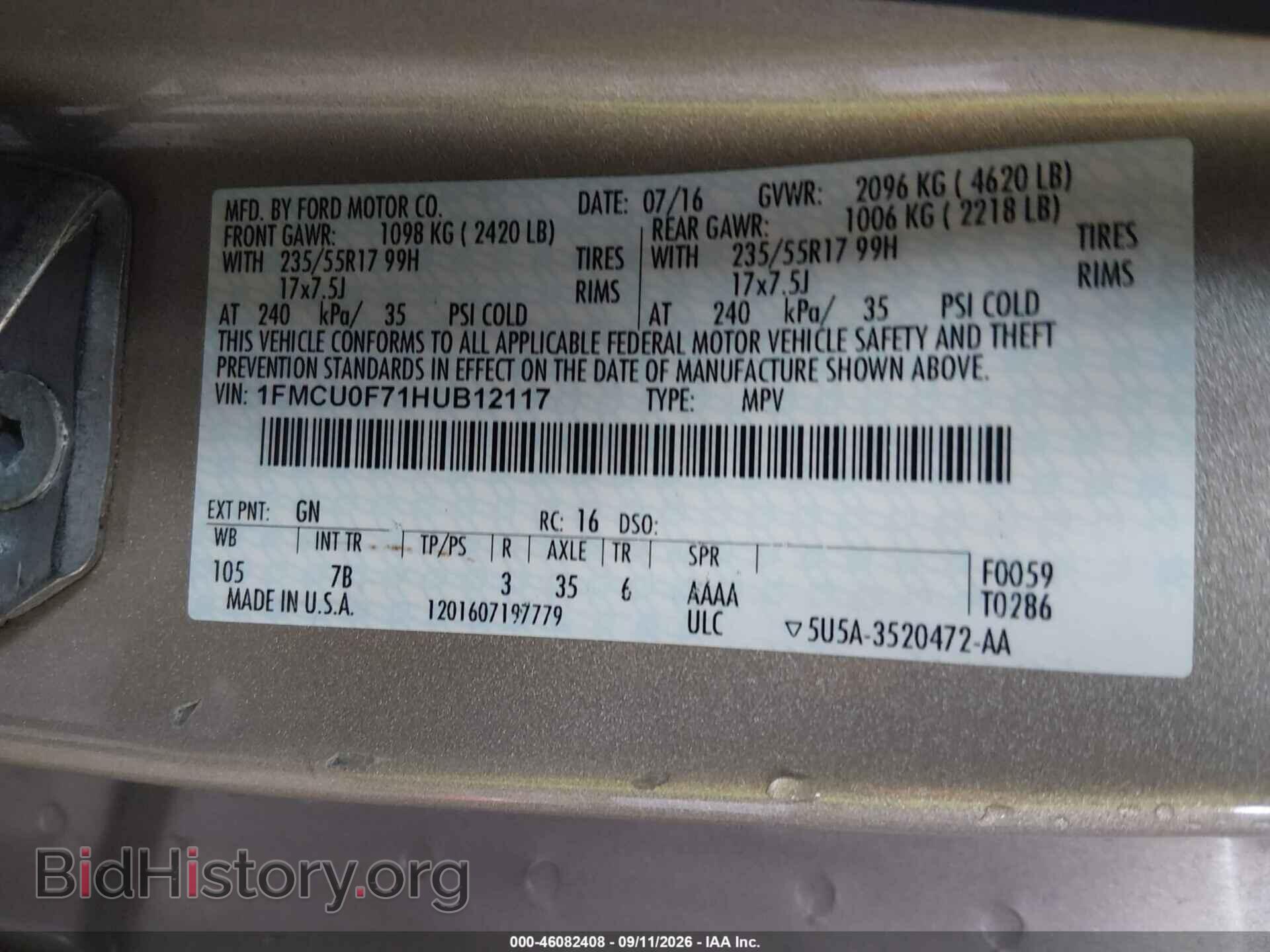 2017 FORD ESCAPE - VIN: 1FMCU0F71HUB12117 - Фото 9