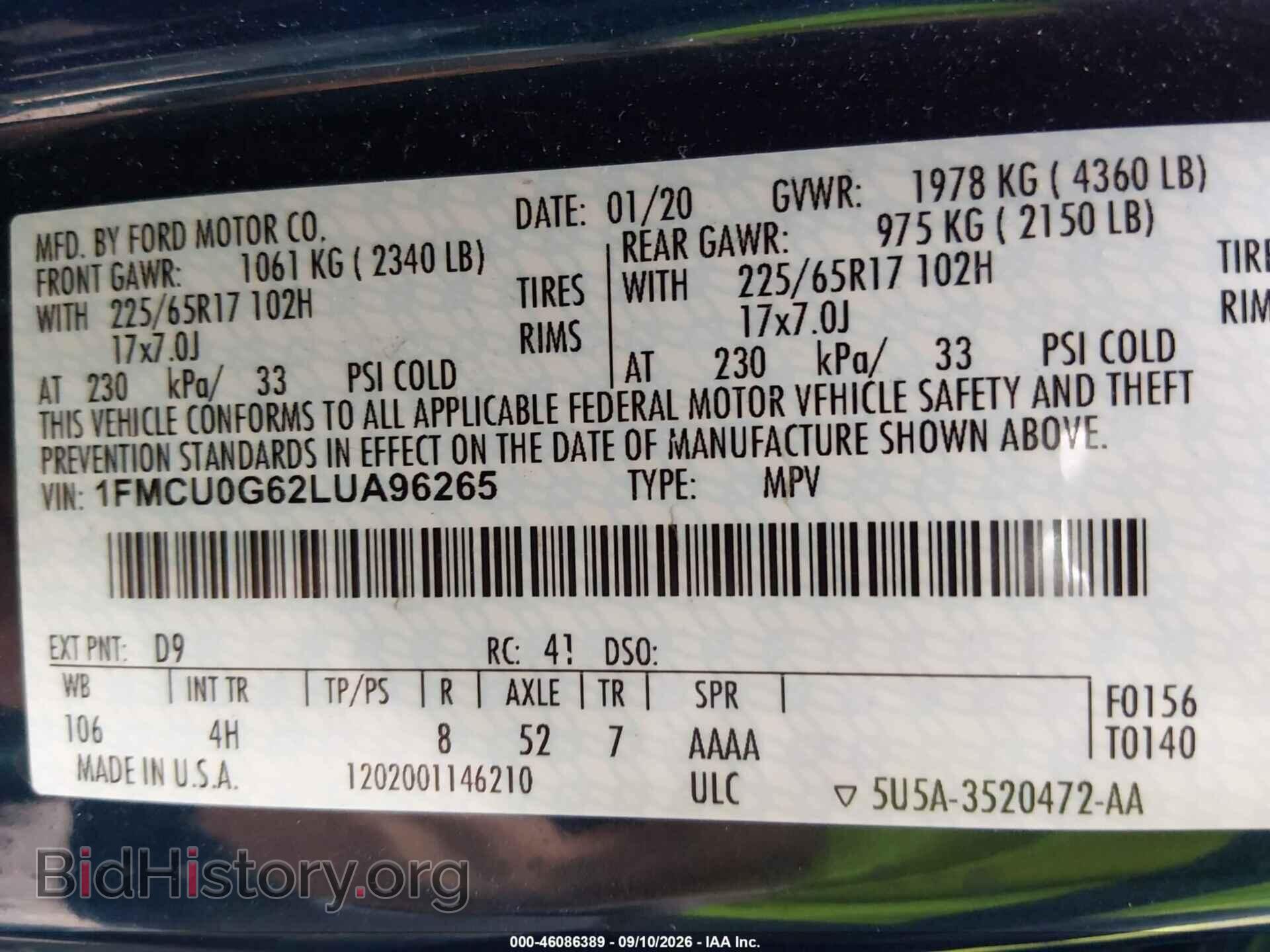 2020 FORD ESCAPE - VIN: 1FMCU0G62LUA96265 - Фото 9