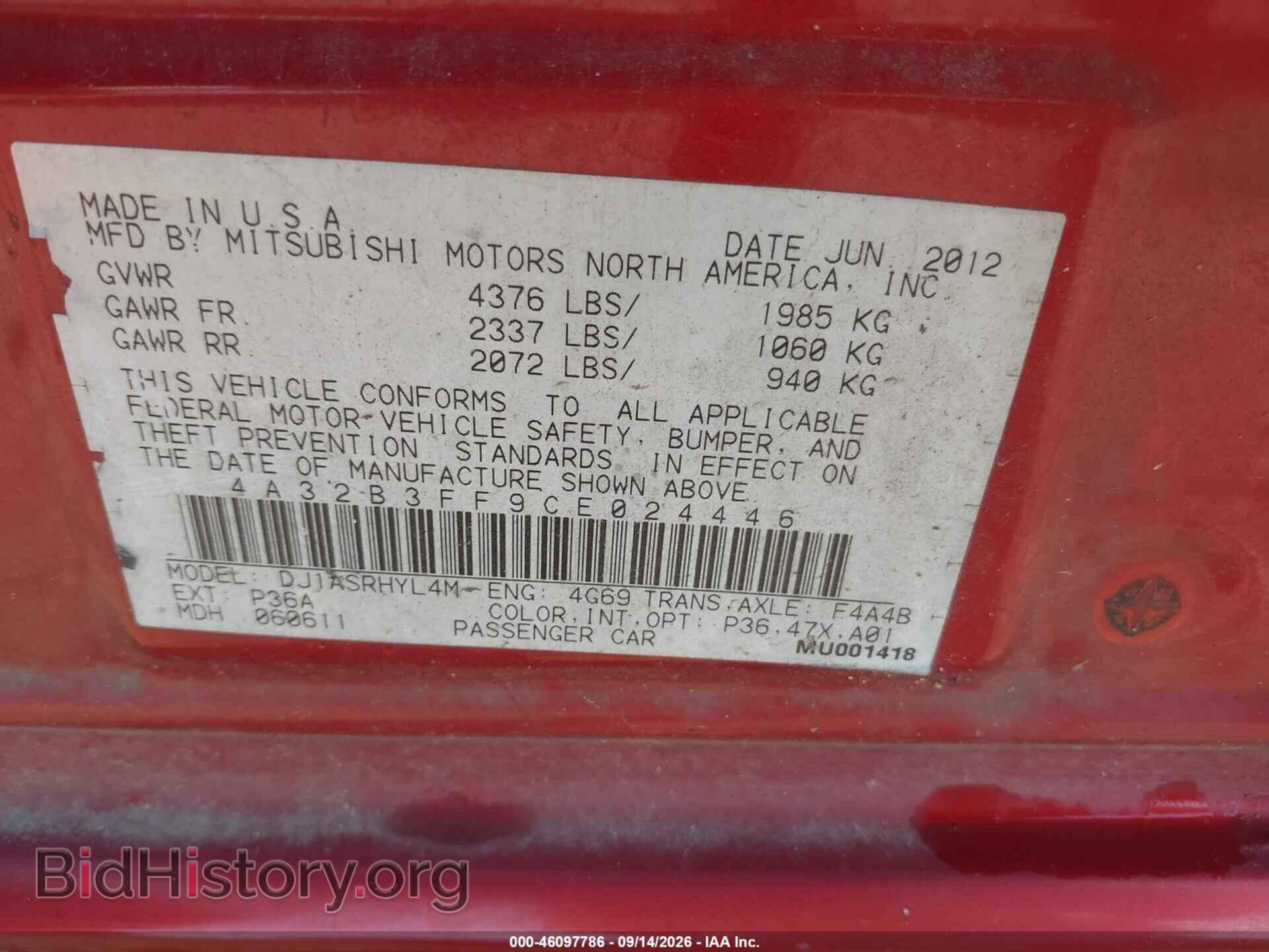 2012 MITSUBISHI GALANT - VIN: 4A32B3FF9CE024446 - Photo 9