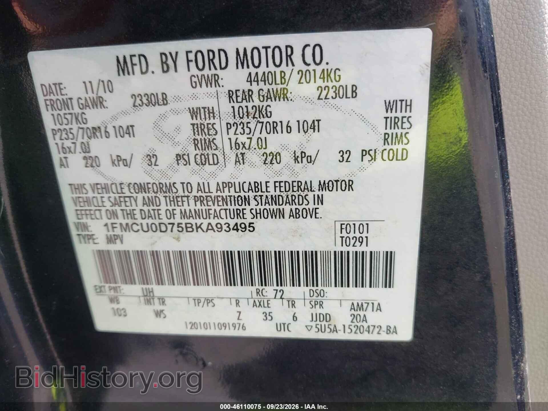 2011 FORD ESCAPE - VIN: 1FMCU0D75BKA93495 - Фото 9