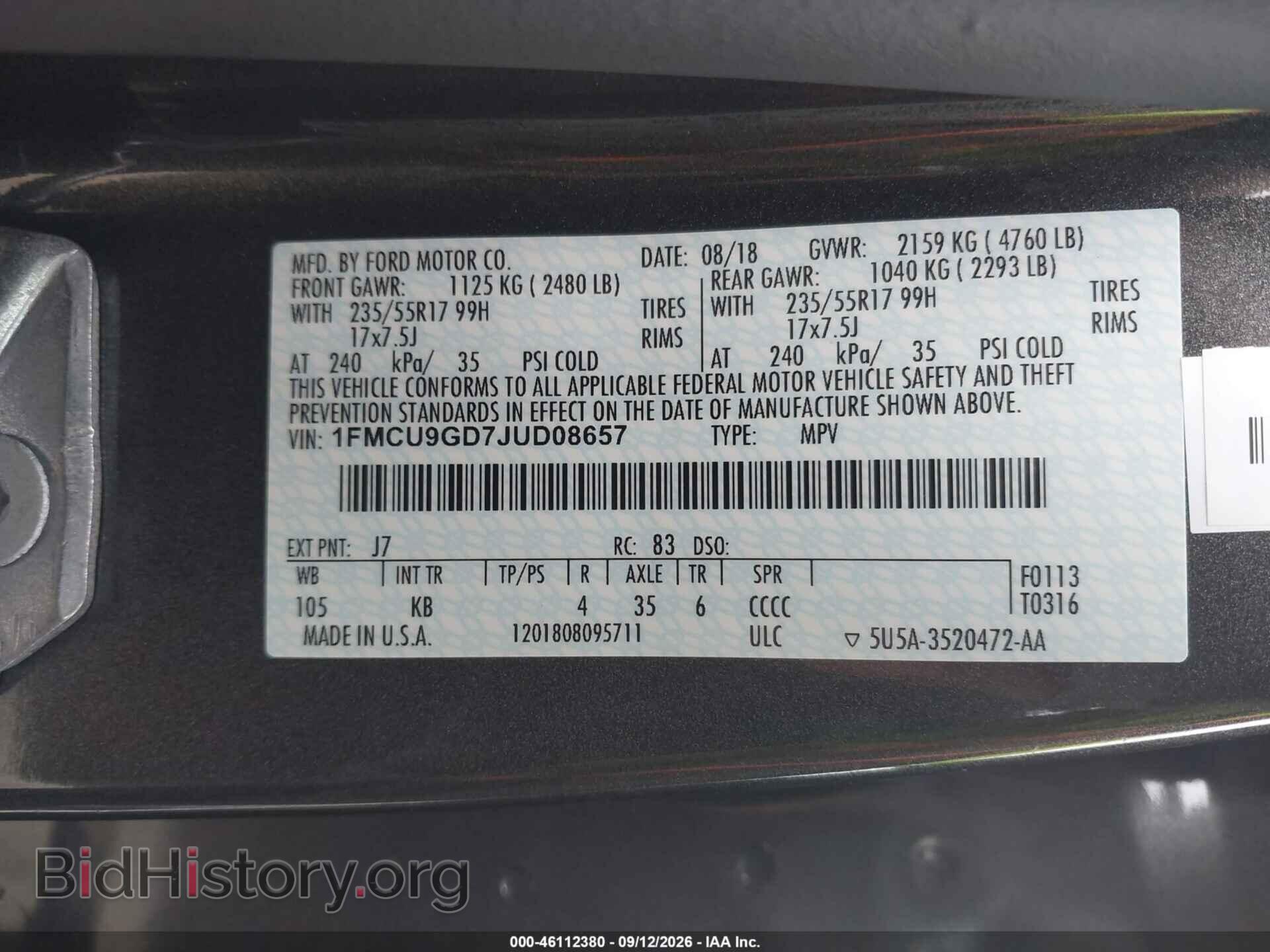 2018 FORD ESCAPE - VIN: 1FMCU9GD7JUD08657 - Фото 9