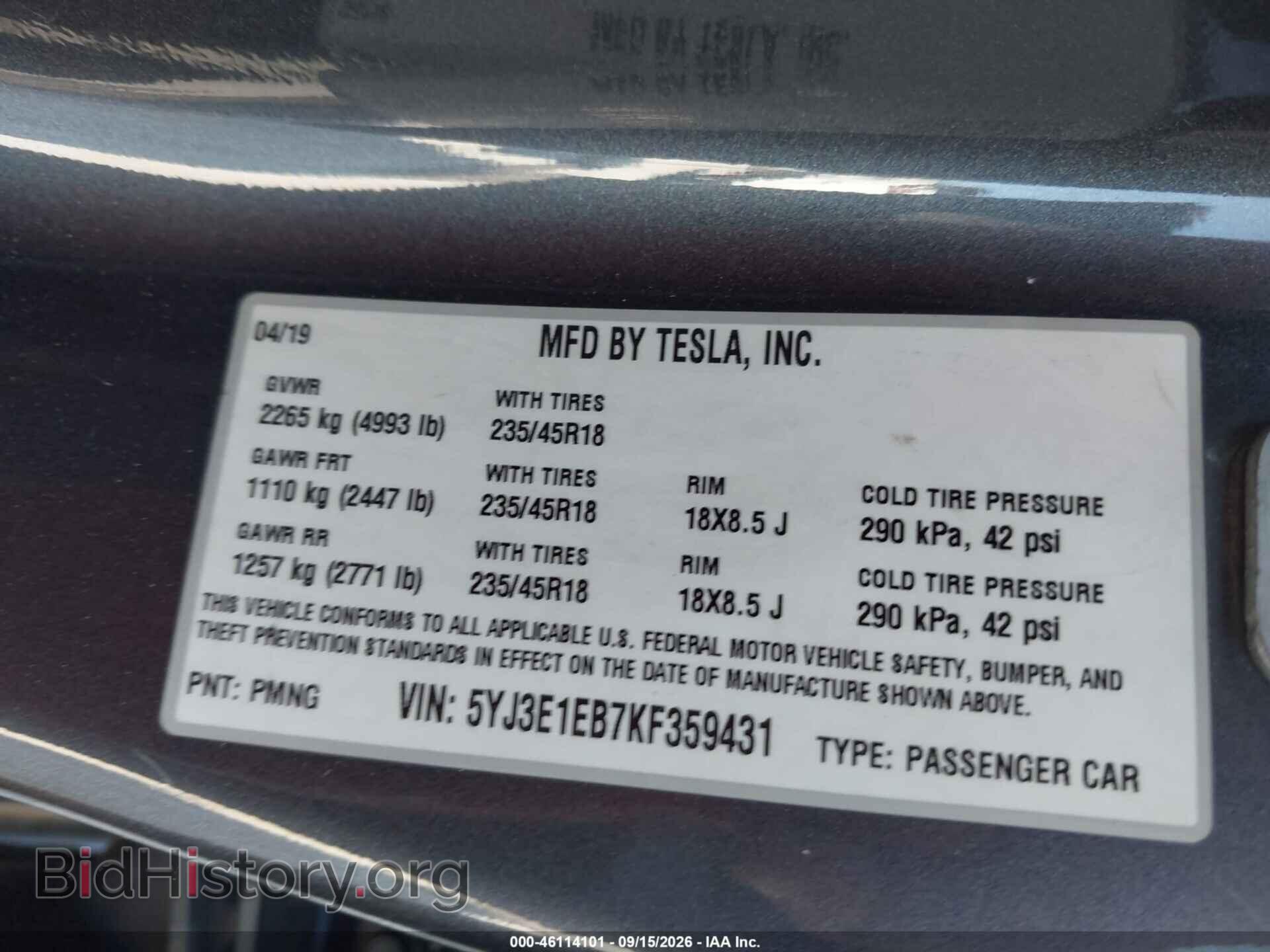 2019 TESLA MODEL 3 - VIN: 5YJ3E1EB7KF359431 - Фото 9