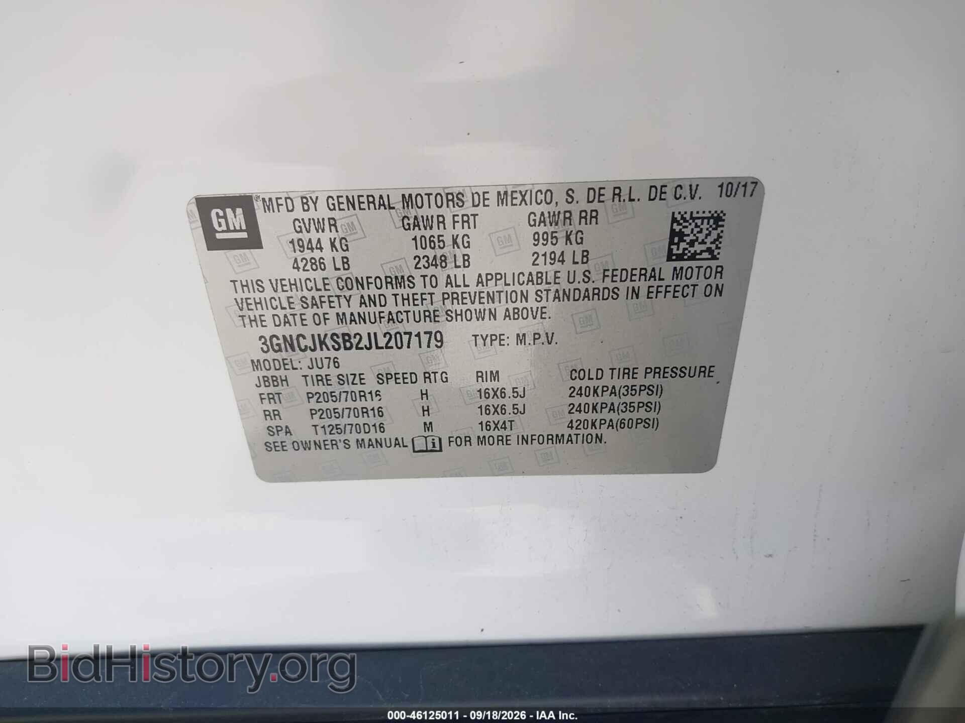 2018 CHEVROLET TRAX - VIN: 3GNCJKSB2JL207179 - Фото 9
