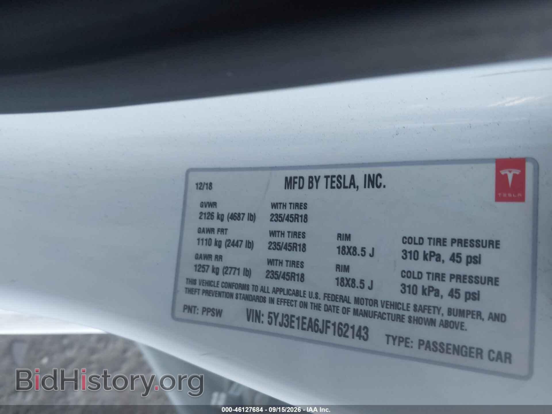 2018 TESLA MODEL 3 - VIN: 5YJ3E1EA6JF162143 - Фото 9