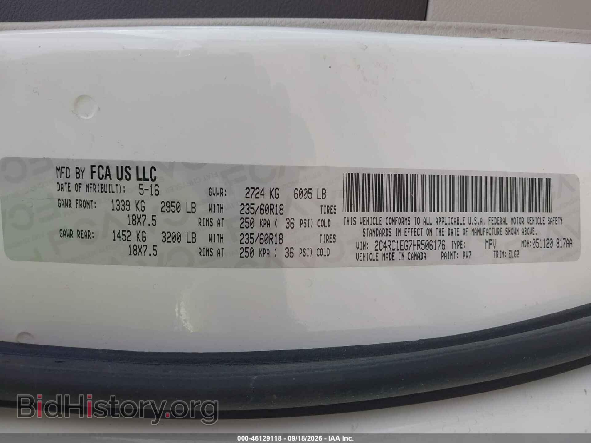 2017 CHRYSLER PACIFICA - VIN: 2C4RC1EG7HR506176 - Фото 9