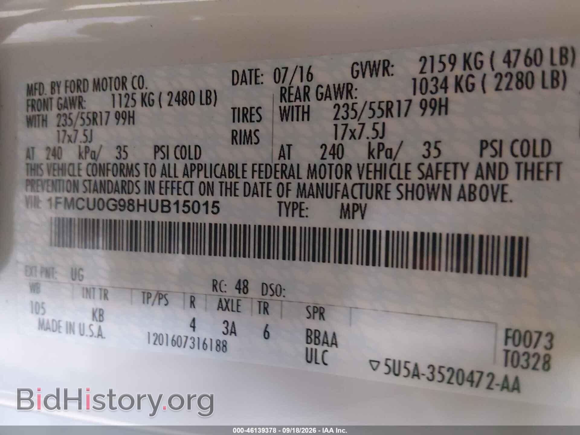 2017 FORD ESCAPE - VIN: 1FMCU0G98HUB15015 - Фото 9