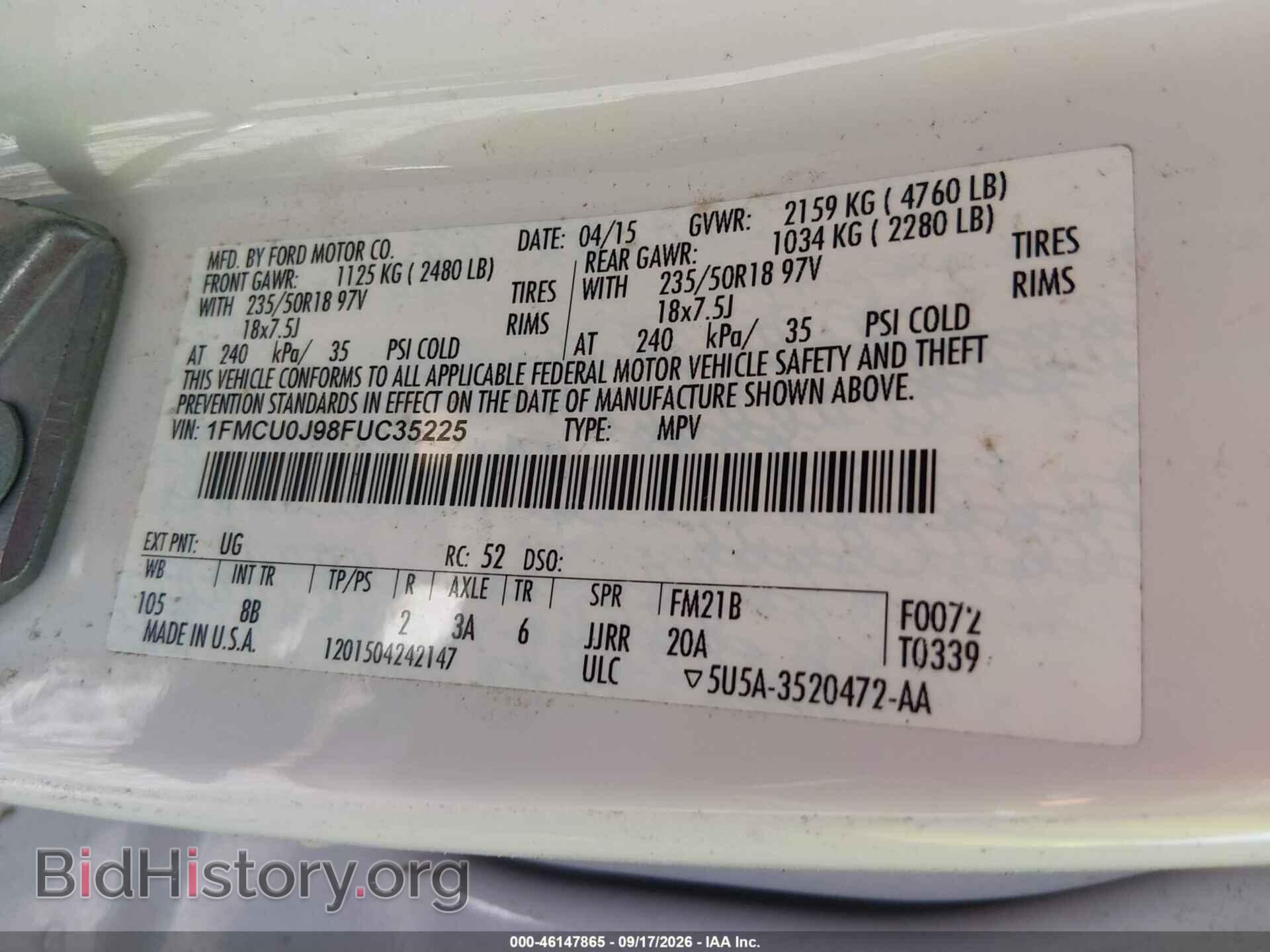 2015 FORD ESCAPE - VIN: 1FMCU0J98FUC35225 - Photo 9