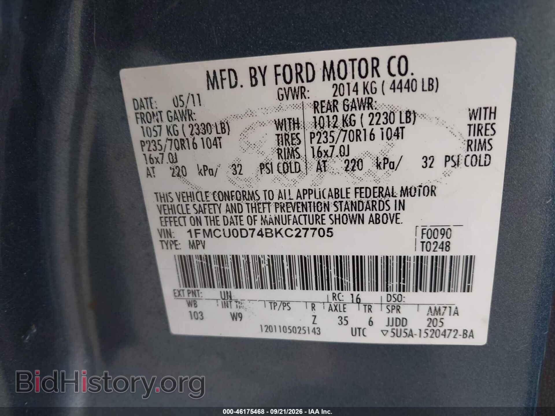 2011 FORD ESCAPE - VIN: 1FMCU0D74BKC27705 - Фото 9