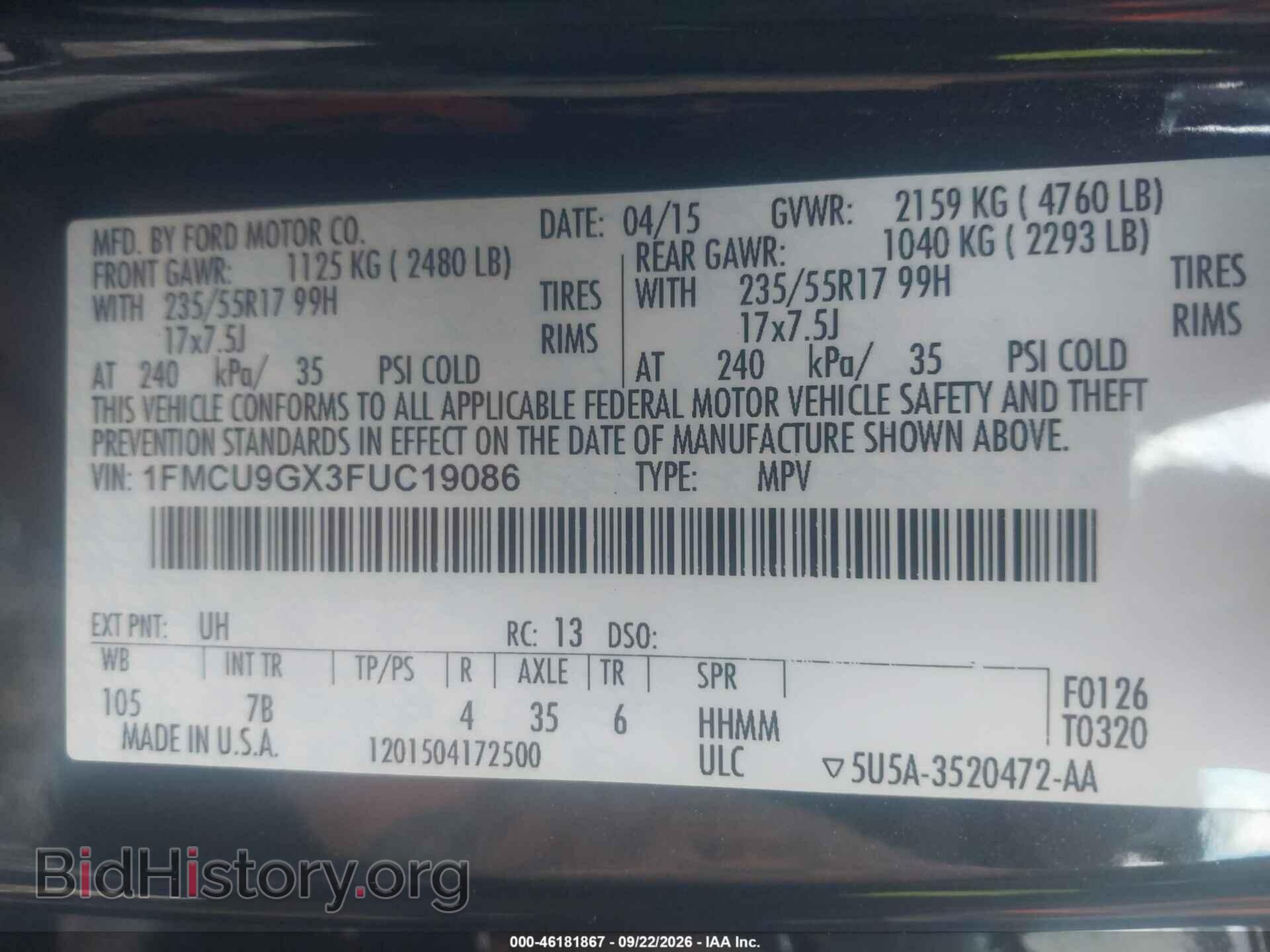2015 FORD ESCAPE - VIN: 1FMCU9GX3FUC19086 - Photo 9