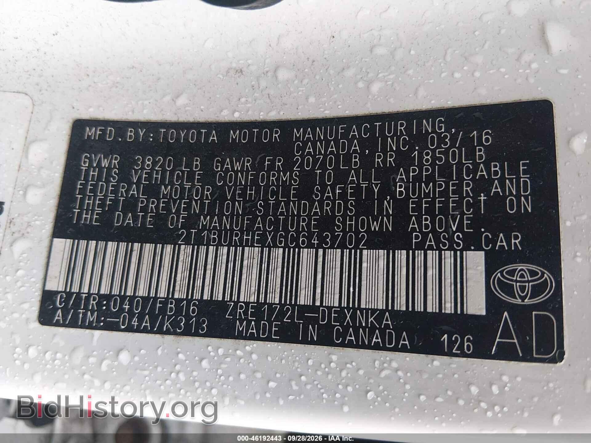 2016 TOYOTA COROLLA - VIN: 2T1BURHEXGC643702 - Фото 9