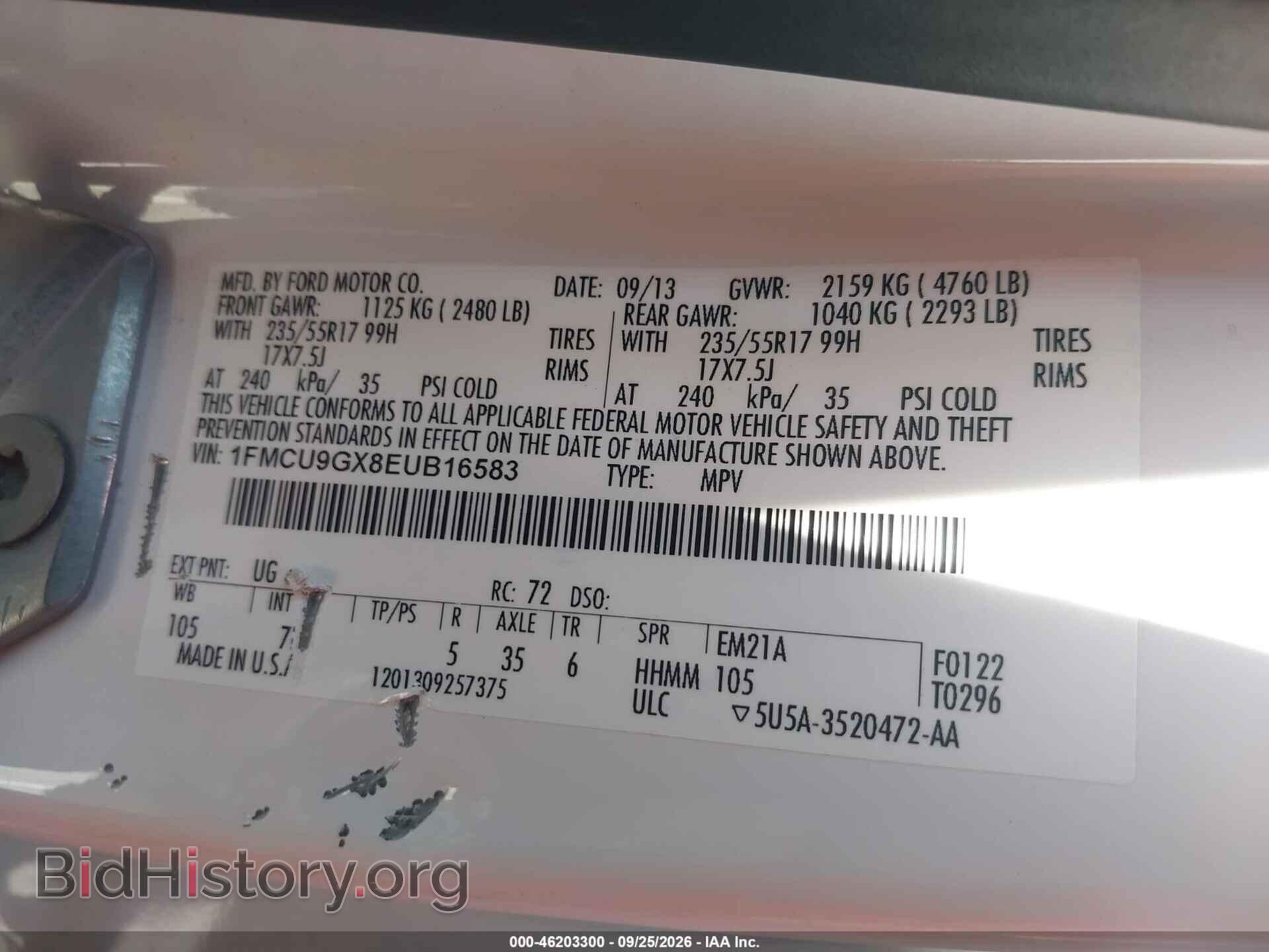 2014 FORD ESCAPE - VIN: 1FMCU9GX8EUB16583 - Фото 9