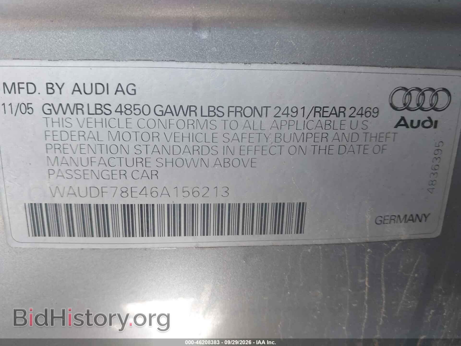 2006 AUDI A4 - VIN: WAUDF78E46A156213 - Фото 9