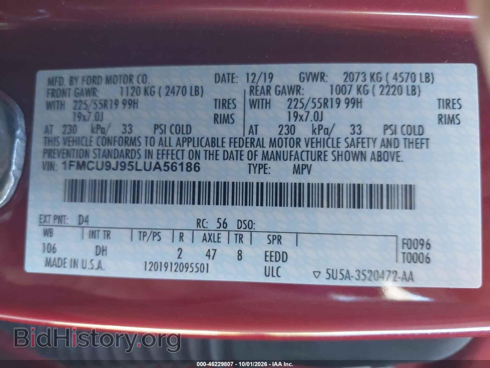 2020 FORD ESCAPE - VIN: 1FMCU9J95LUA56186 - Photo 9