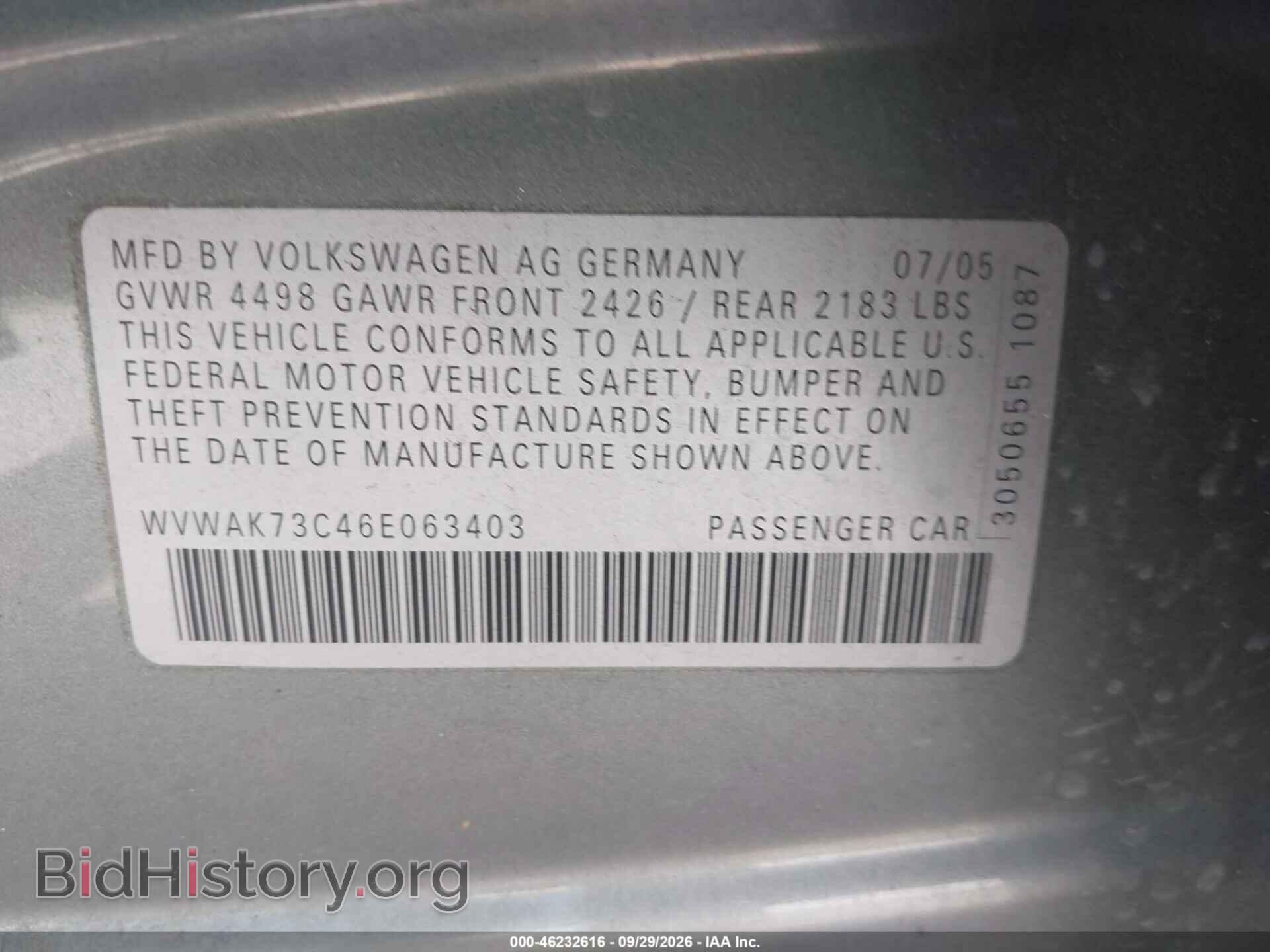 2006 VOLKSWAGEN PASSAT - VIN: WVWAK73C46E063403 - Фото 9