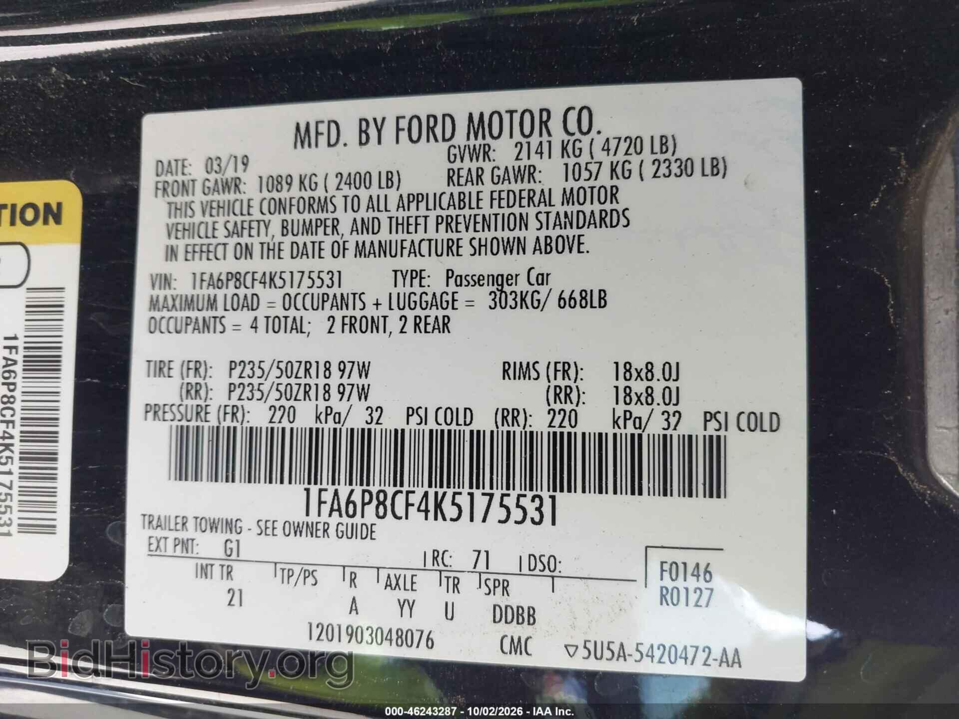 2019 FORD MUSTANG - VIN: 1FA6P8CF4K5175531 - Photo 9