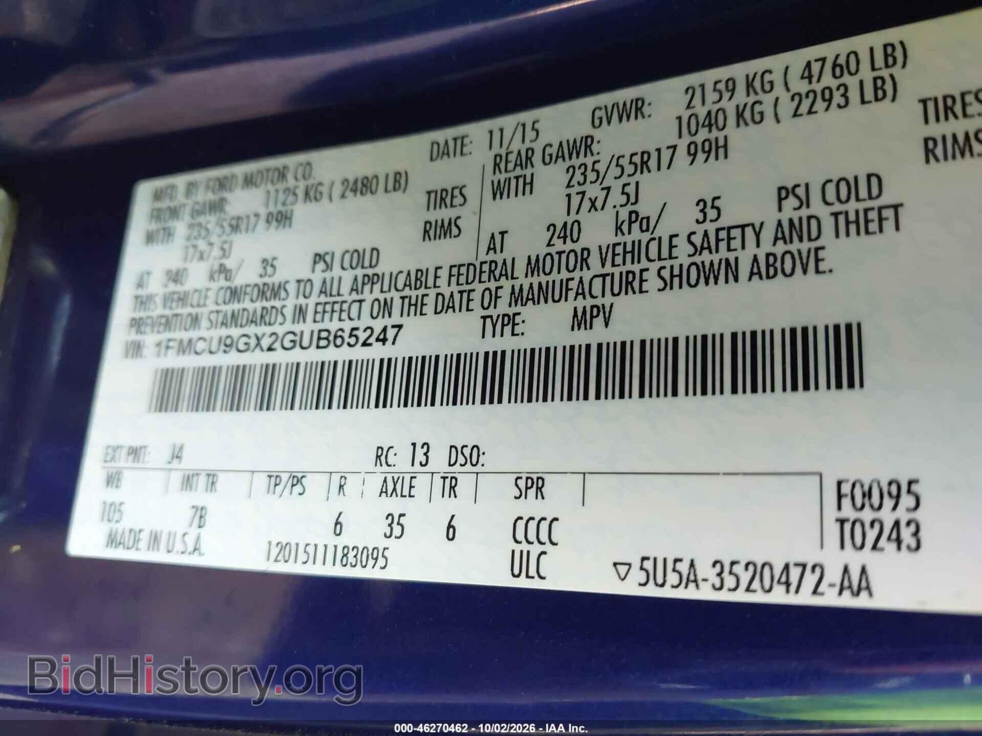 2016 FORD ESCAPE - VIN: 1FMCU9GX2GUB65247 - Photo 9