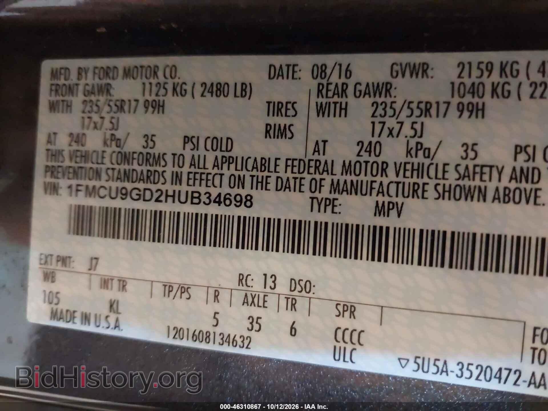 2017 FORD ESCAPE - VIN: 1FMCU9GD2HUB34698 - Photo 9